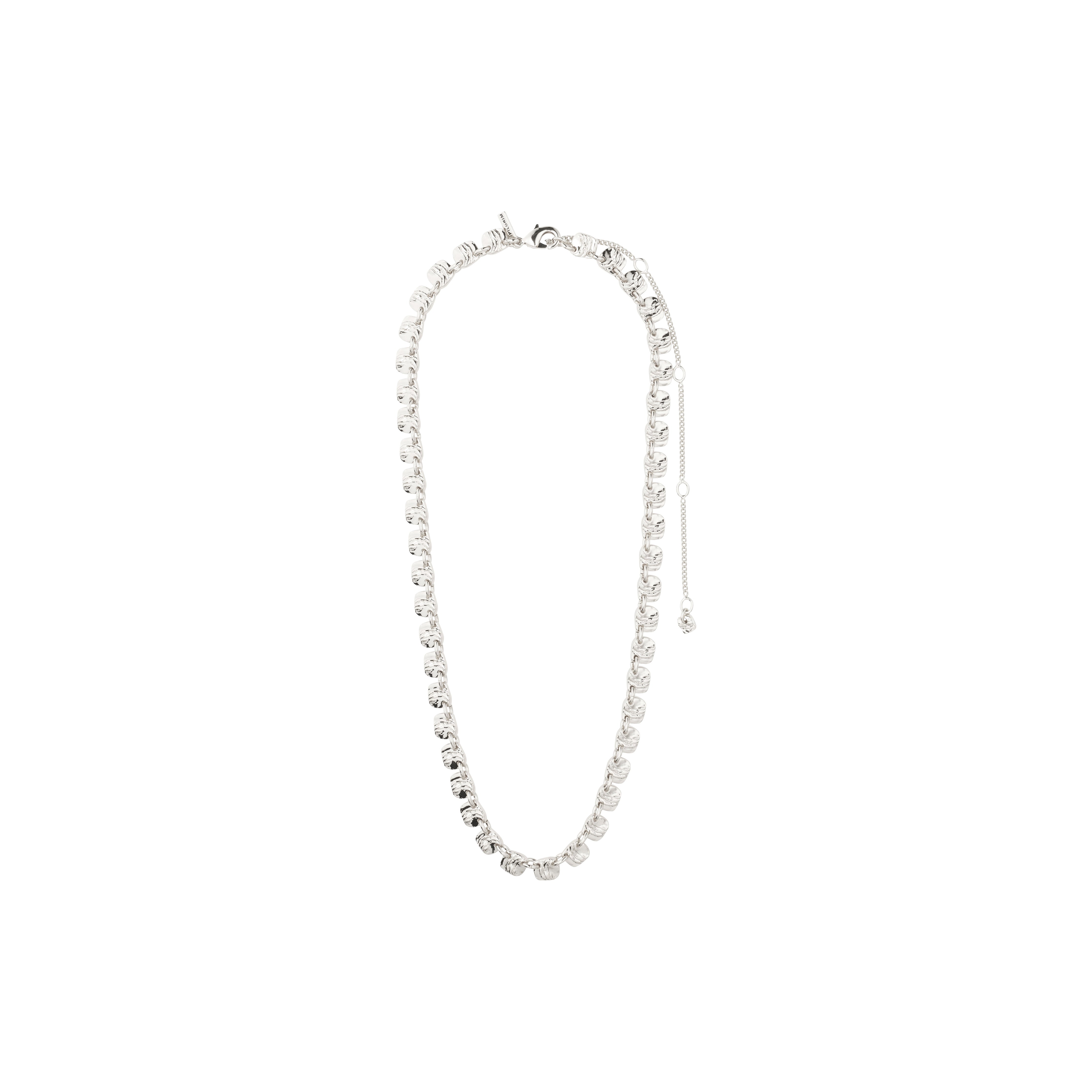 SENSE necklace silver-plated with linked cylindrical segments, rustic square coins, and adjustable lobster clasp, perfect for a minimalist or layered style.