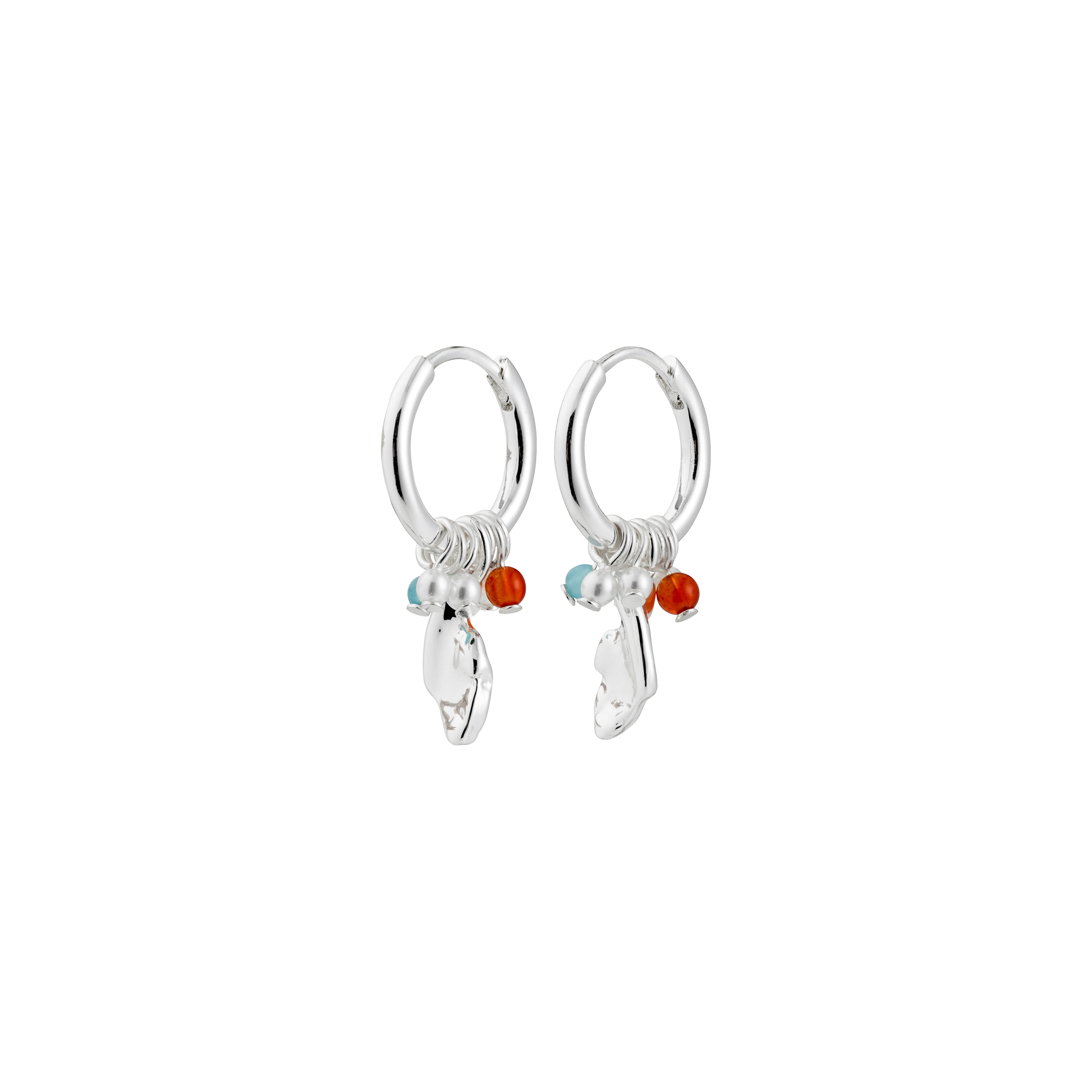 SENSE earrings silver-plated/multi with silver huggie hoops featuring small charms: a silver nugget, red agate, blue crystal, and a pearl, showcasing Pilgrim's stylish craftsmanship.