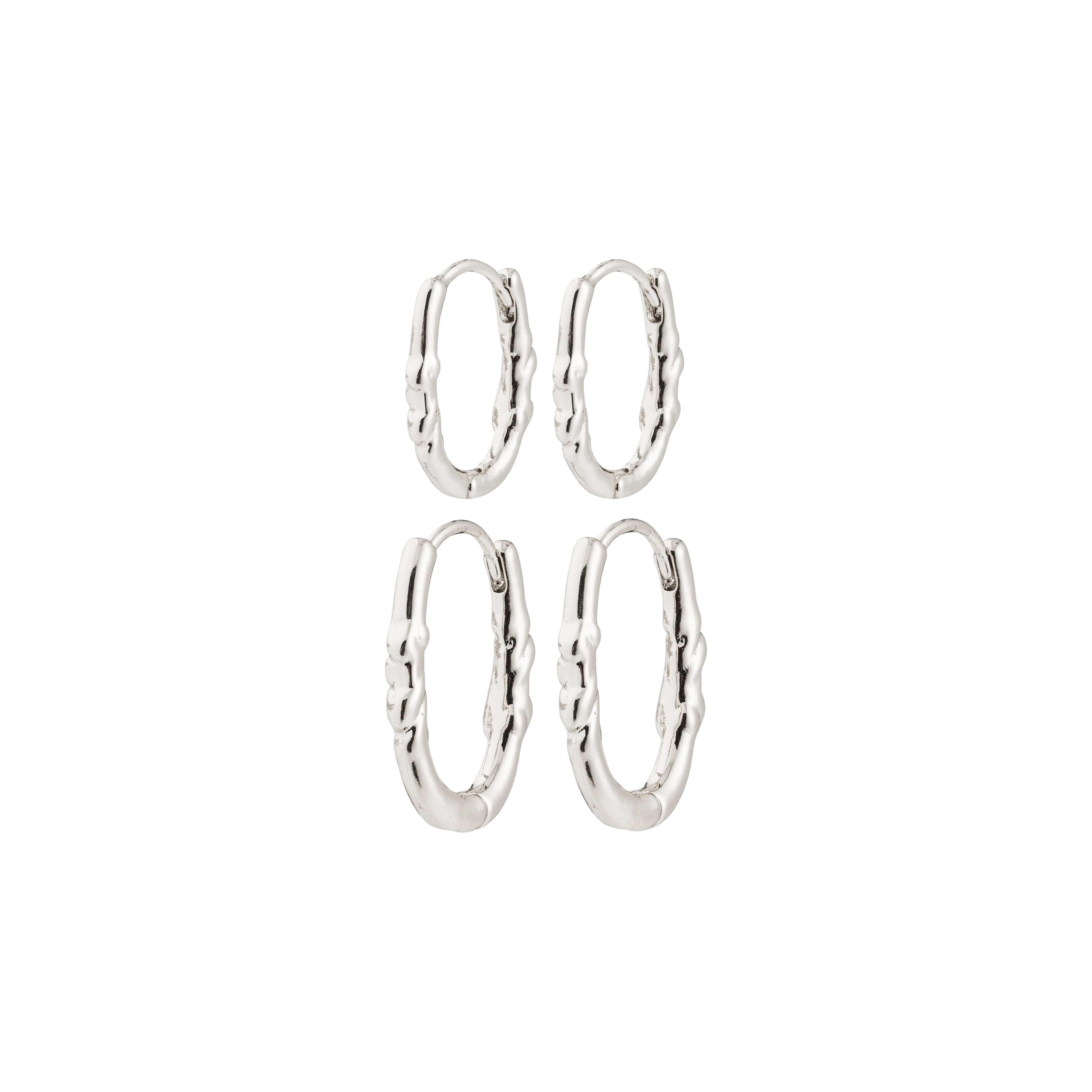 SENSE hoop earrings, 2-in-1 set, silver-plated, featuring textured organic design, includes smaller and larger pairs for versatile styling. Made from 99% recycled materials.