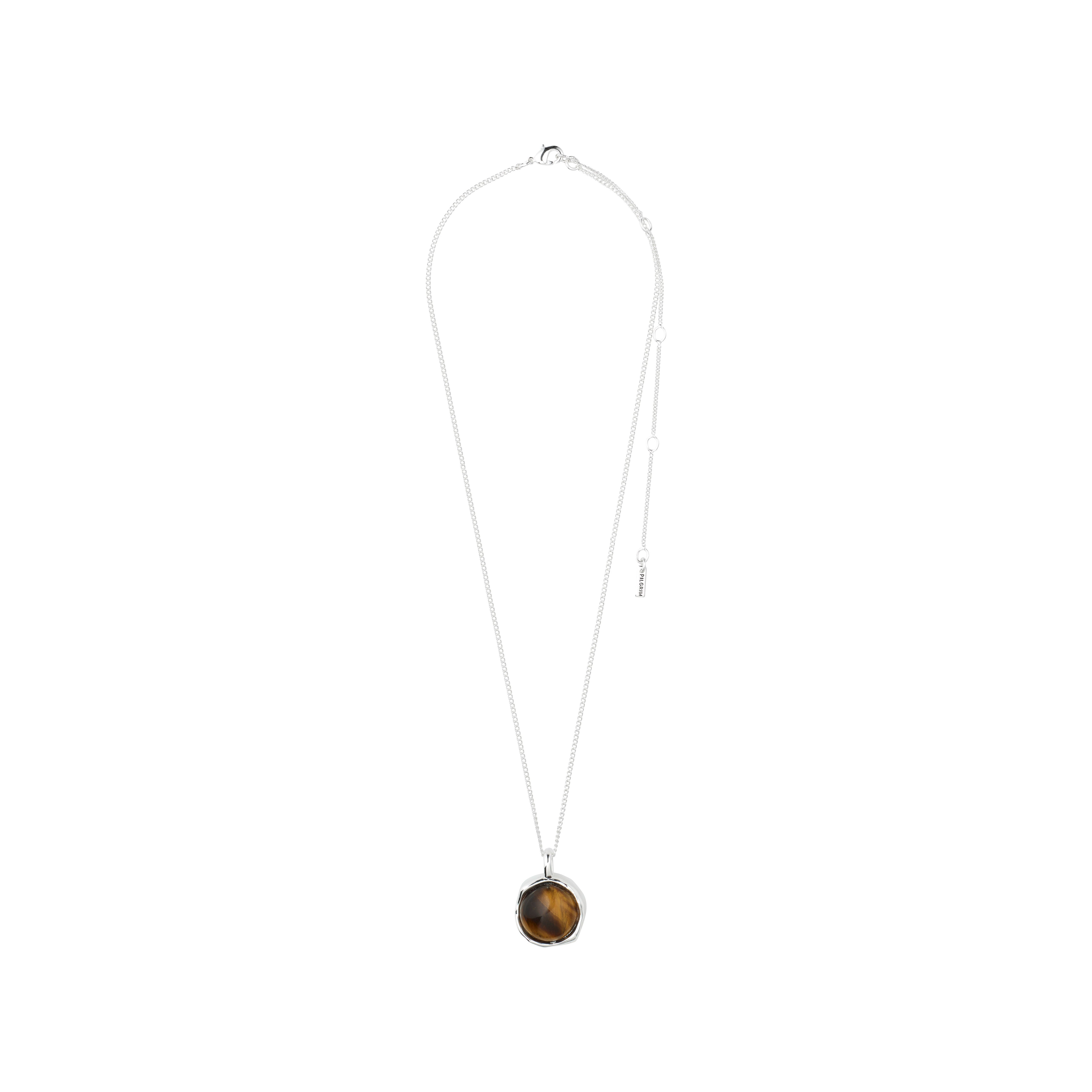 SENSE necklace silver-plated/agate features a silver chain with a round Tiger Eye gemstone pendant, symbolizing strength and elegance. Includes adjustable extension for versatile styling.