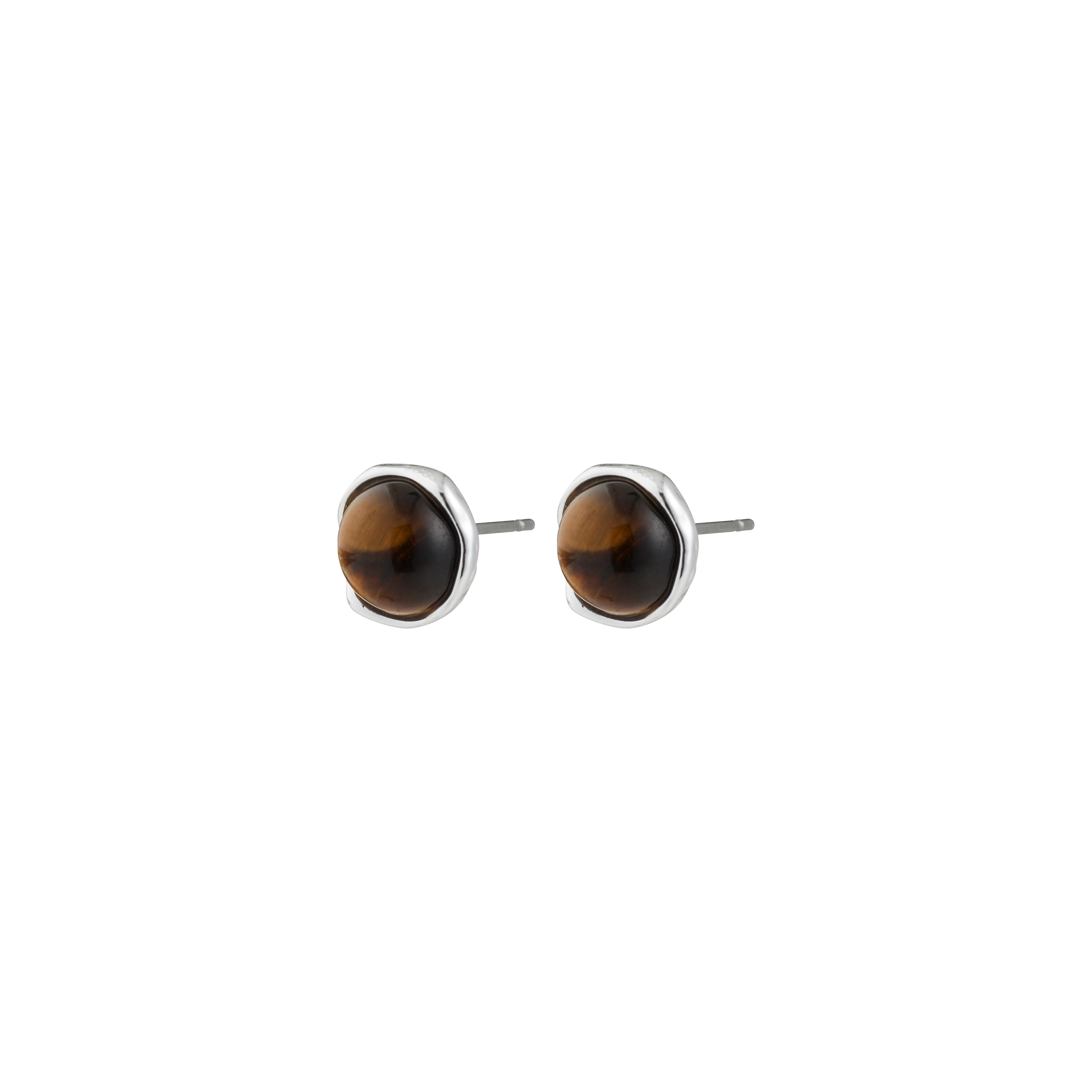 SENSE earrings: Silver-plated studs with round tiger's eye stones in polished bezels, showcasing Pilgrim's sleek, natural design for strength and balance.