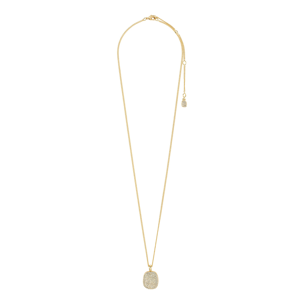 EMBER necklace gold-plated: A delicate gold-tone chain with a cushion-shaped pendant encrusted with sparkling Preciosa crystals, featuring an adjustable length.