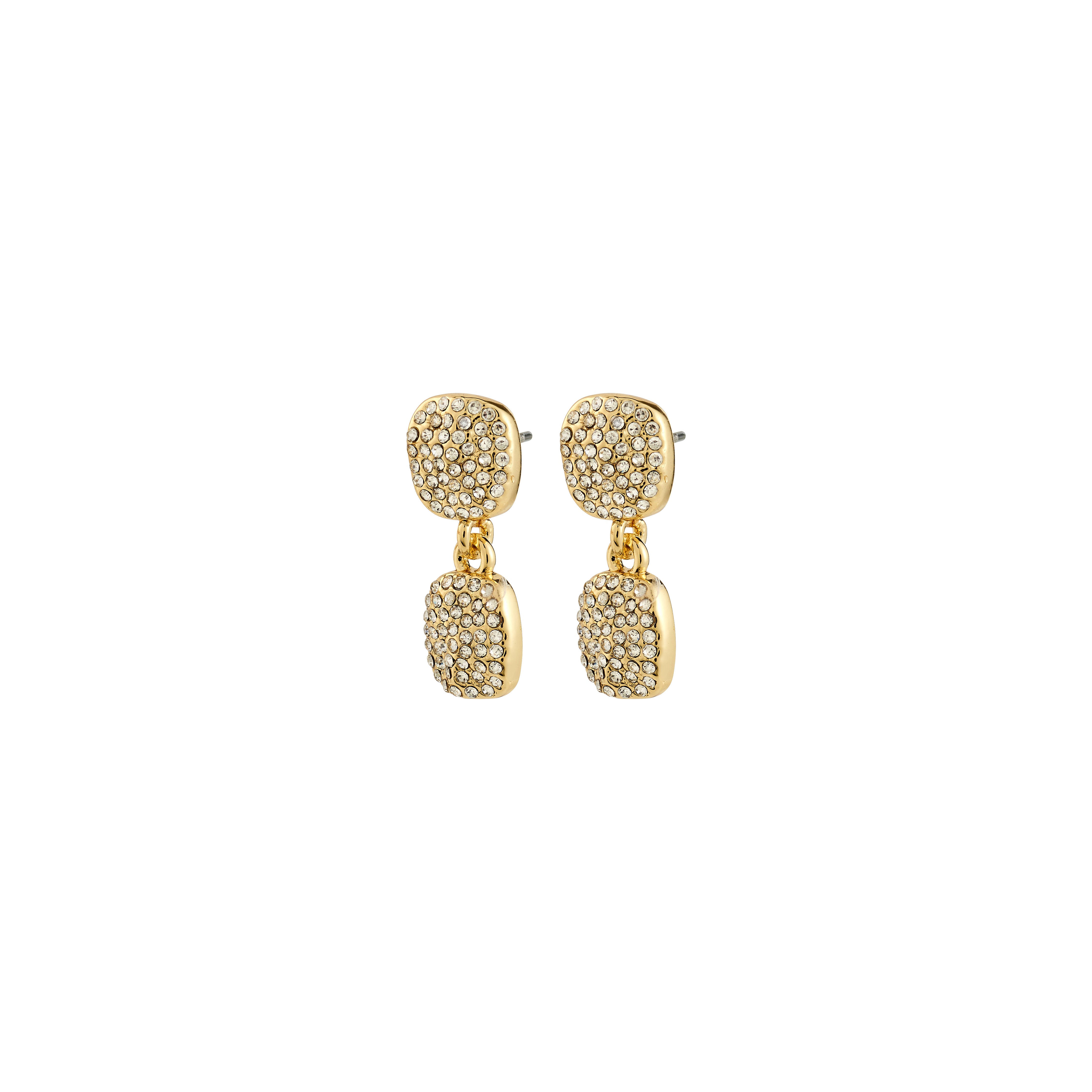 EMBER earrings gold-plated; two-tier drop design with cushion-shaped squares encrusted in sparkling crystals, offering a sophisticated, versatile style for any occasion.