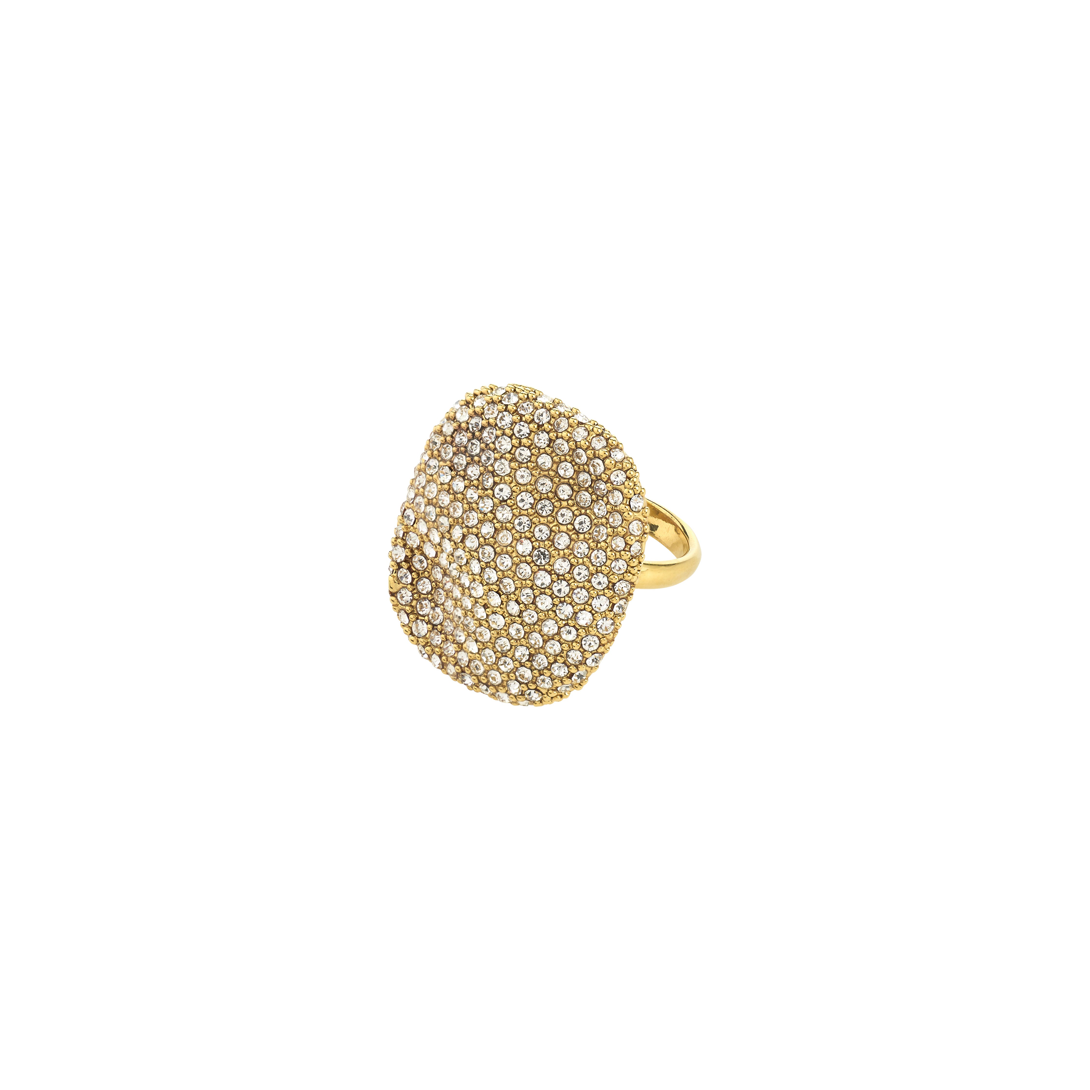 EMBER ring gold-plated with a domed top, pavé-set with sparkling Preciosa crystals, set on a polished band, showcasing bold elegance and adjustable fit.
