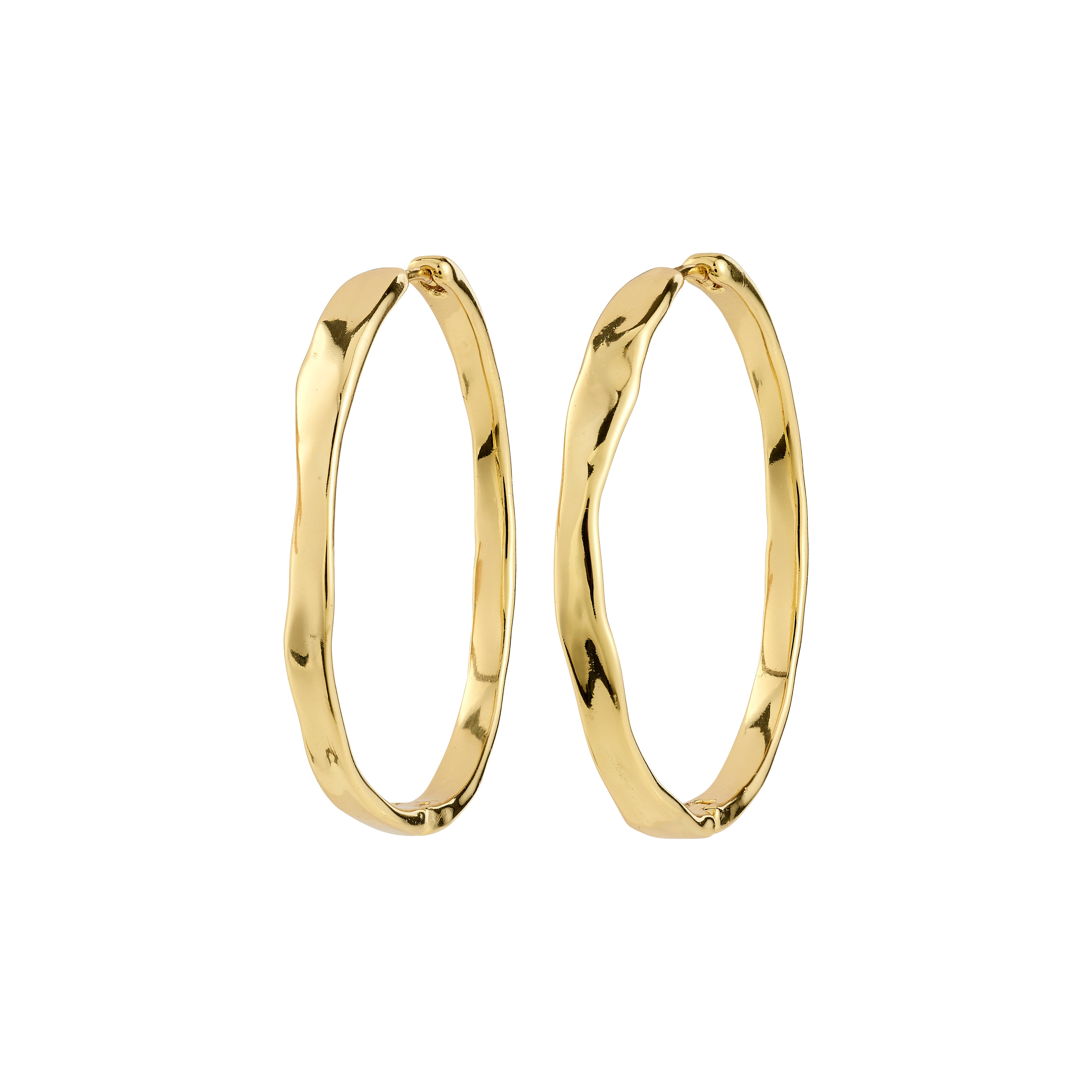 Gold-plated EMBER hoop earrings with a wavy, elongated oval design, offering a handcrafted look and easy snap lock, perfect for everyday glam.