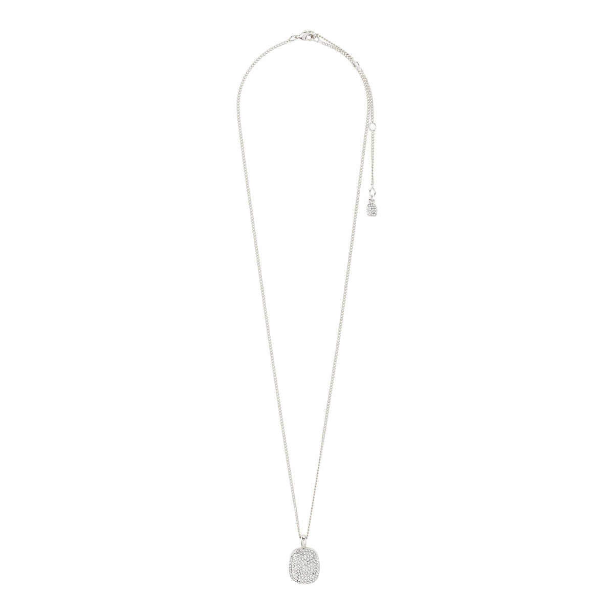 EMBER necklace silver-plated: A delicate silver-tone necklace with a cushion-shaped pendant pavé-set with clear crystals, featuring an adjustable fine curb chain.