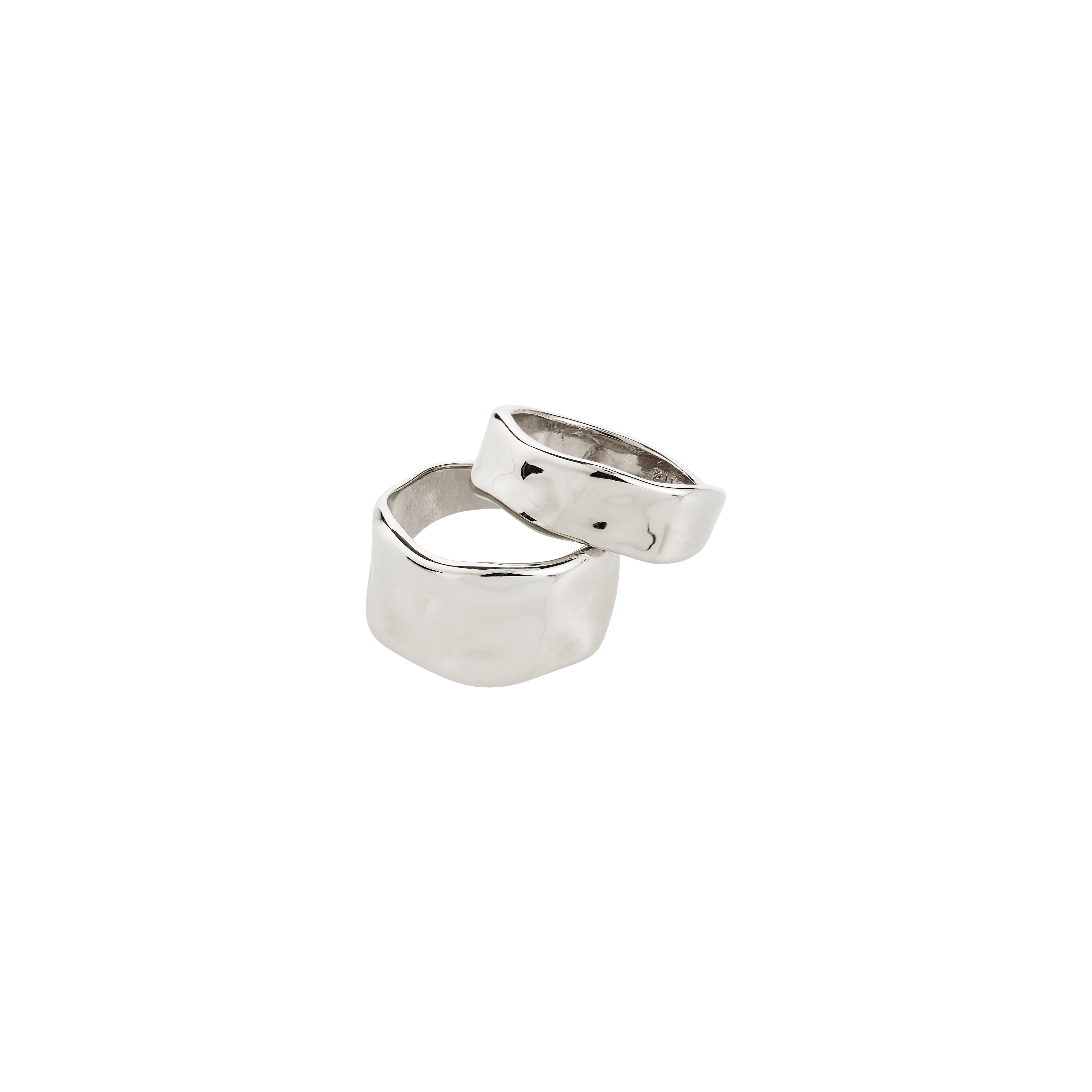 EMBER rings 2-in-1 set, silver-plated, featuring two chunky, irregularly shaped rings with a glossy, handcrafted finish for an edgy, asymmetrical look. Adjustable and durable.