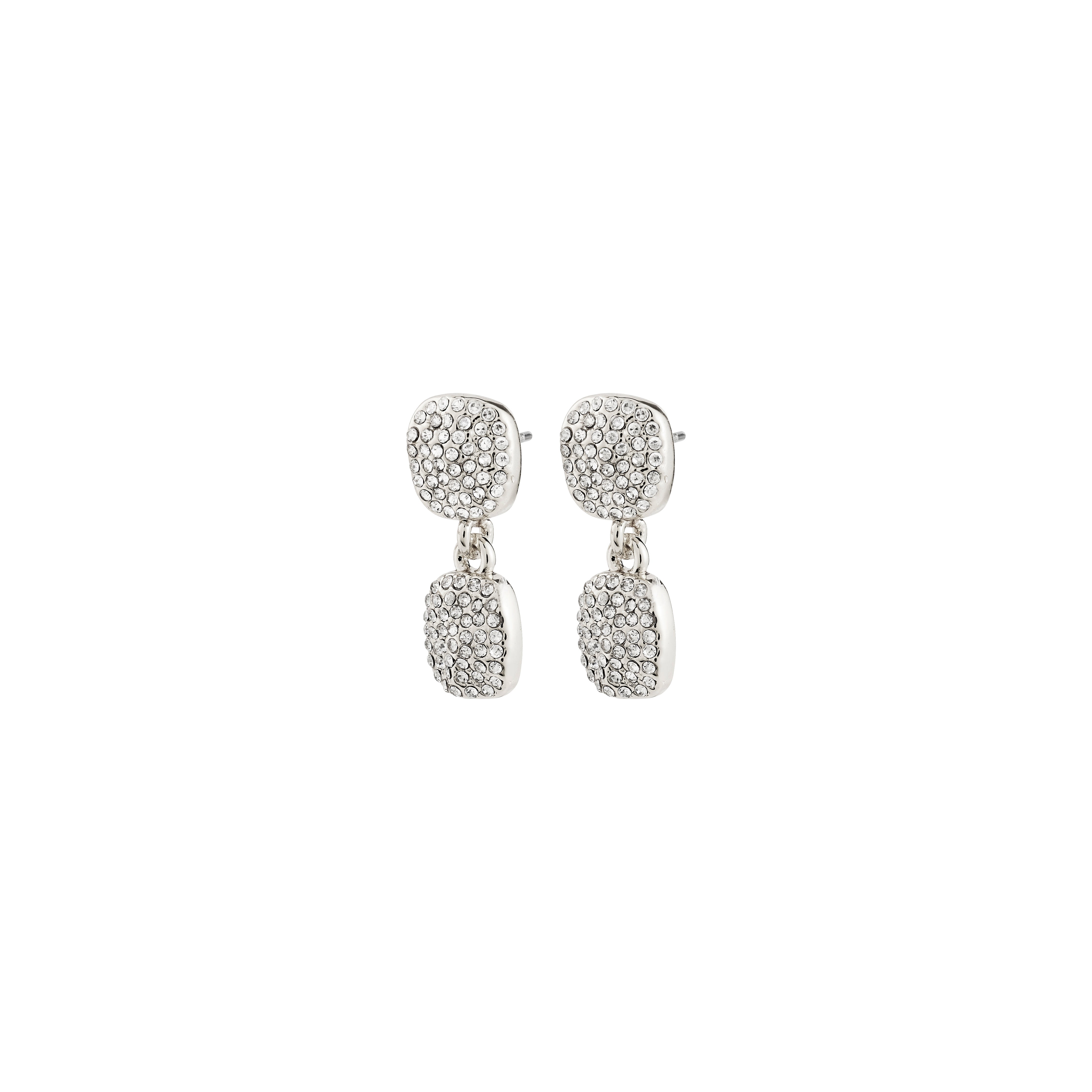 EMBER earrings silver-plated: Silver-tone drop earrings with two square links, encrusted with sparkling crystals, offering a chic, versatile look for any occasion.