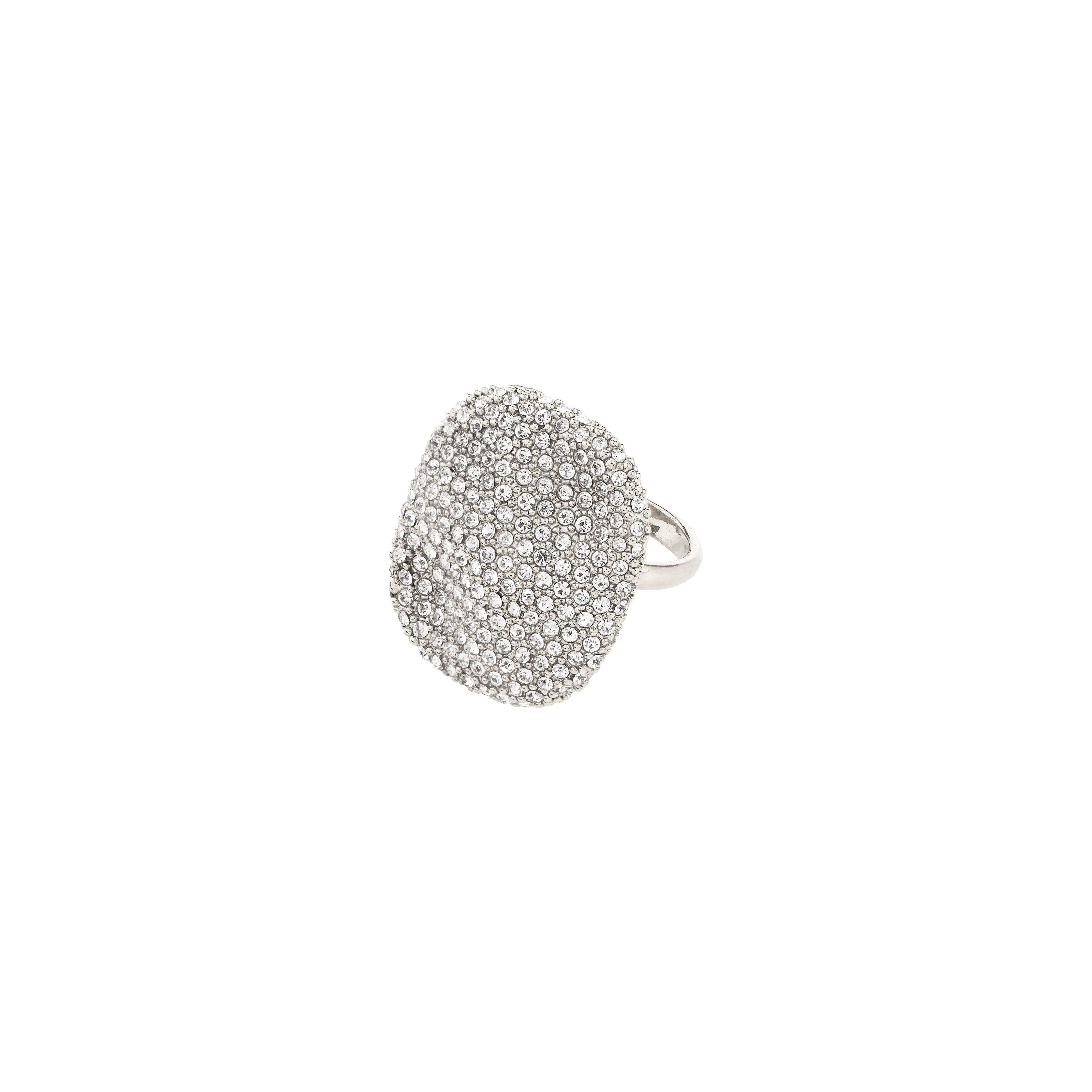 EMBER ring silver-plated with a bold, pavé-set cushion top featuring sparkling Preciosa crystals, offering adjustable fit and waterproof finish for everyday glam.