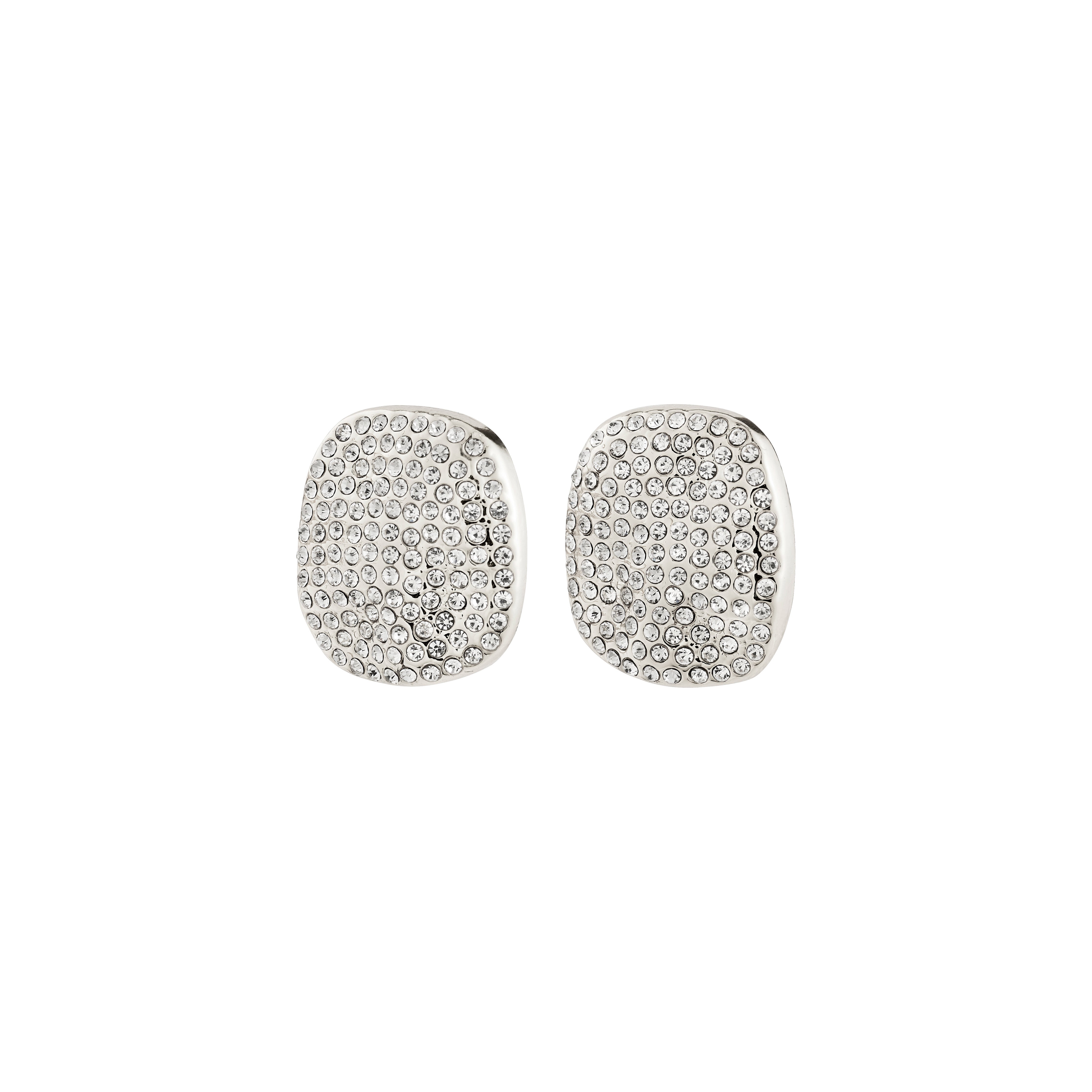 EMBER earrings silver-plated, cushion-shaped studs with pavé clear crystals, offering a bold, classy look for both glam nights and everyday sophistication.