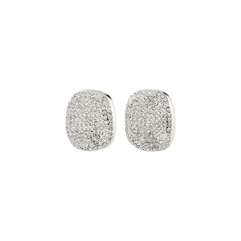 EMBER earrings silver-plated, cushion-shaped studs with pavé clear crystals, offering a bold, classy look for both glam nights and everyday sophistication.