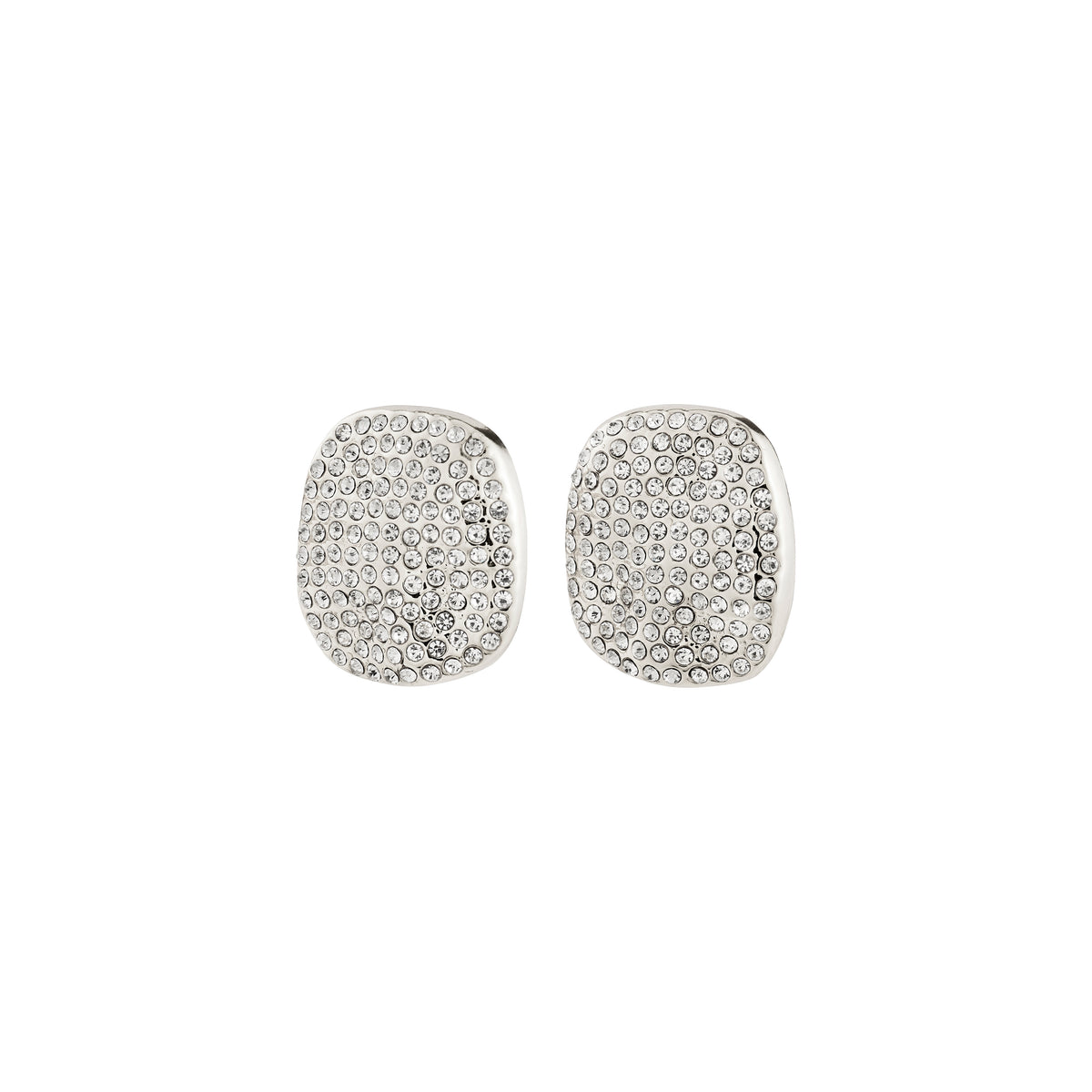 EMBER earrings silver-plated, cushion-shaped studs with pavé clear crystals, offering a bold, classy look for both glam nights and everyday sophistication.