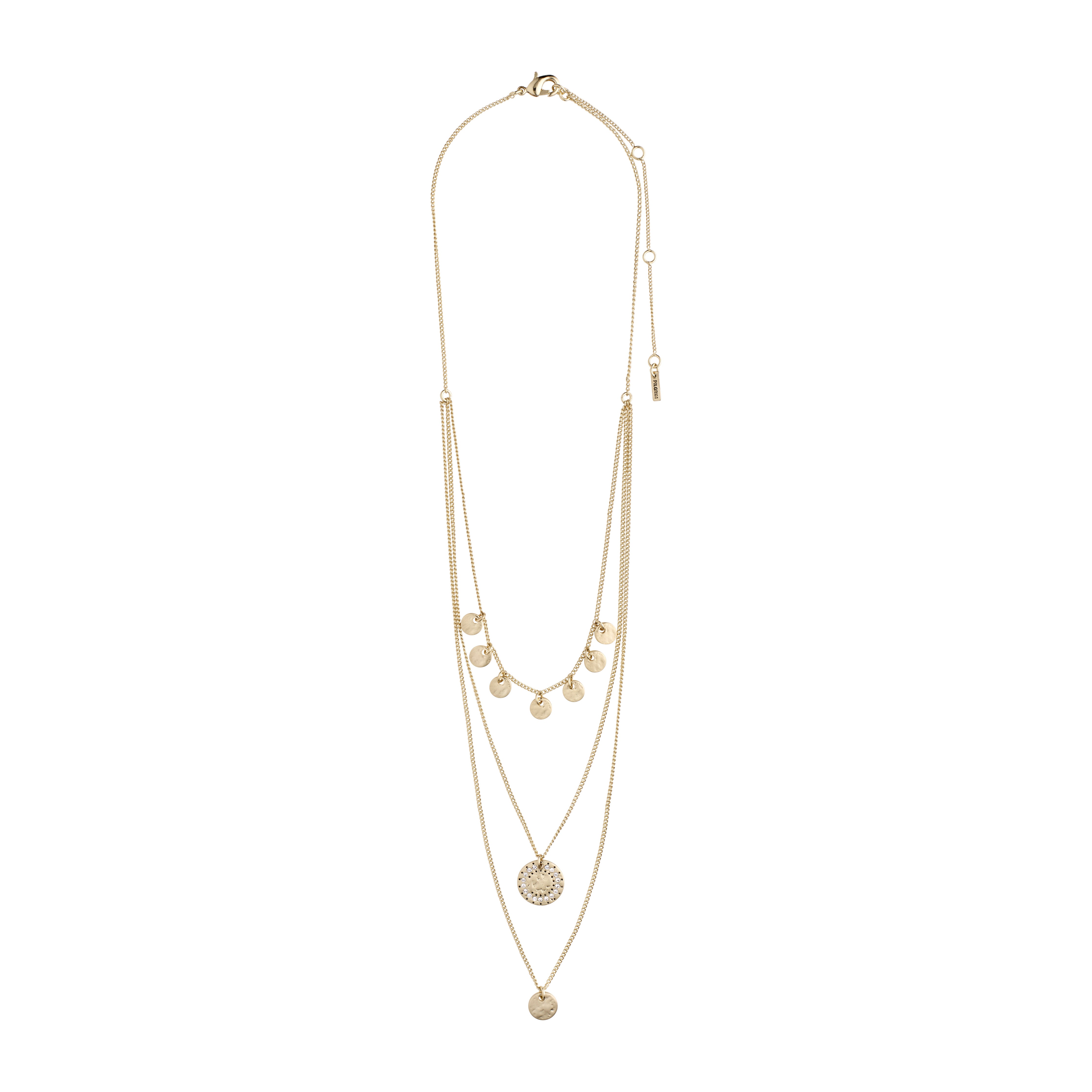 ARDEN 3-in-1 crystal necklace gold-plated featuring layered chains with disc charms, a crystal-adorned pendant, and a hammered coin, offering a detailed feminine ethnic style.
