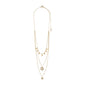 ARDEN 3-in-1 crystal necklace gold-plated featuring layered chains with disc charms, a crystal-adorned pendant, and a hammered coin, offering a detailed feminine ethnic style.
