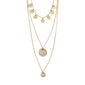 ARDEN 3-in-1 crystal necklace gold-plated with layered chains, featuring hammered discs and a crystal-adorned pendant, offering a unique, feminine, and ethnic-inspired design.