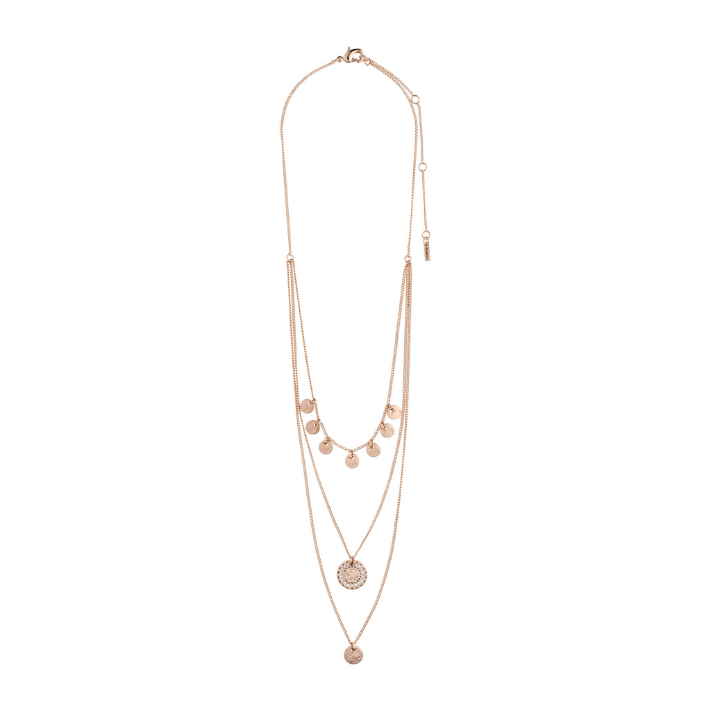 ARDEN 3-in-1 crystal necklace in rose-gold features layered chains with flat charms, a starburst pendant, and hammered disc, exuding a unique, feminine, ethnic-inspired elegance.