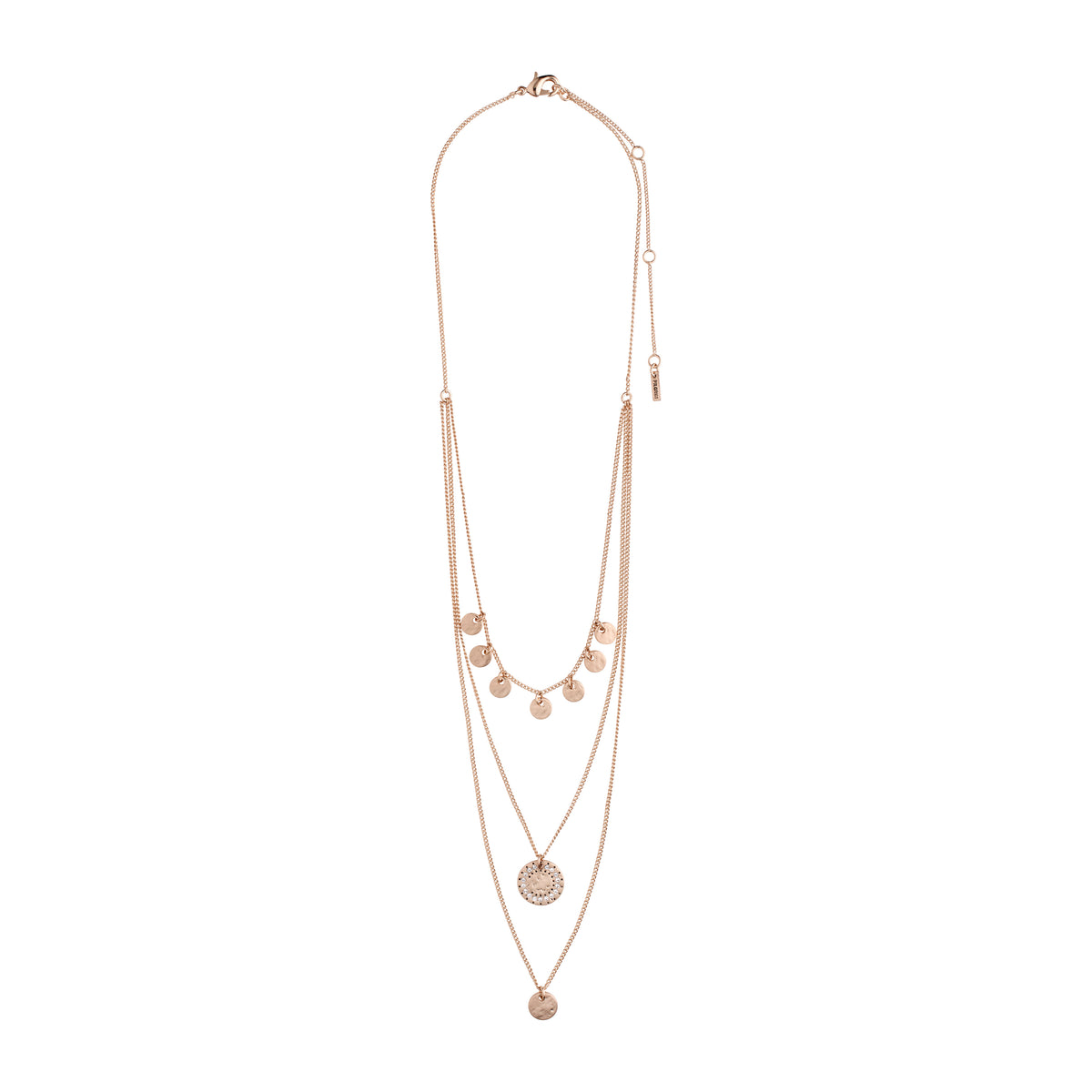 ARDEN 3-in-1 crystal necklace in rose-gold features layered chains with flat charms, a starburst pendant, and hammered disc, exuding a unique, feminine, ethnic-inspired elegance.