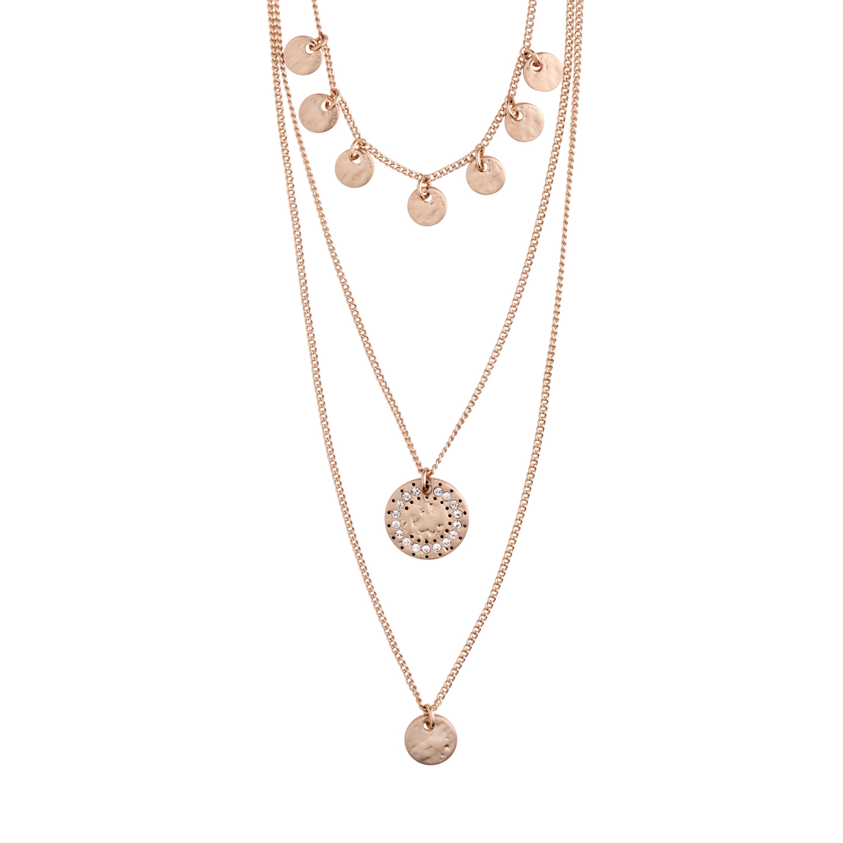 ARDEN 3-in-1 crystal necklace: a rose-gold-tone tiered design with hammered disk charms and crystal accents, offering a unique and feminine ethnic-inspired style.