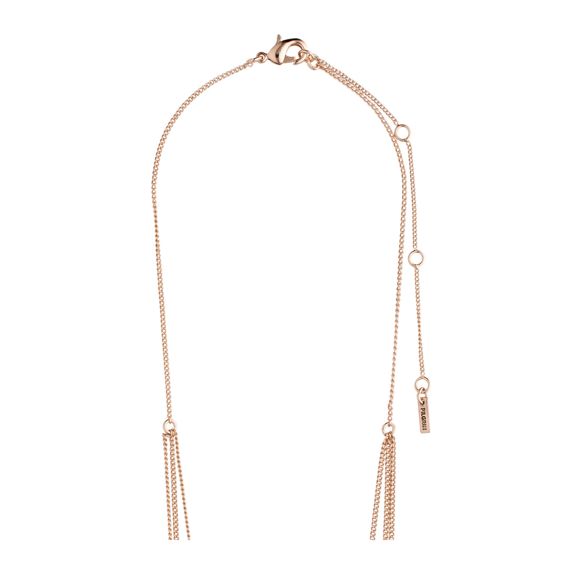 ARDEN 3-in-1 crystal necklace, rosegold-plated, features a tassel, adjustable chain, and Pilgrim branding tag, offering a unique, feminine ethnic-inspired design with rustic amulets and crystals.