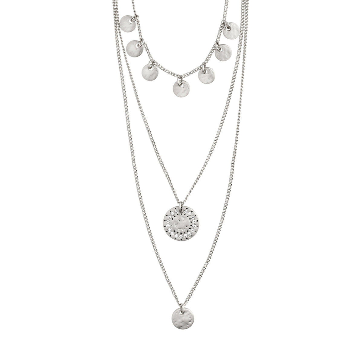 ARDEN 3-in-1 crystal necklace silver-plated, featuring intricate amulets, rustic finishes, and sparkling crystals, creating an eye-catching, feminine design that complements your décolletage beautifully.