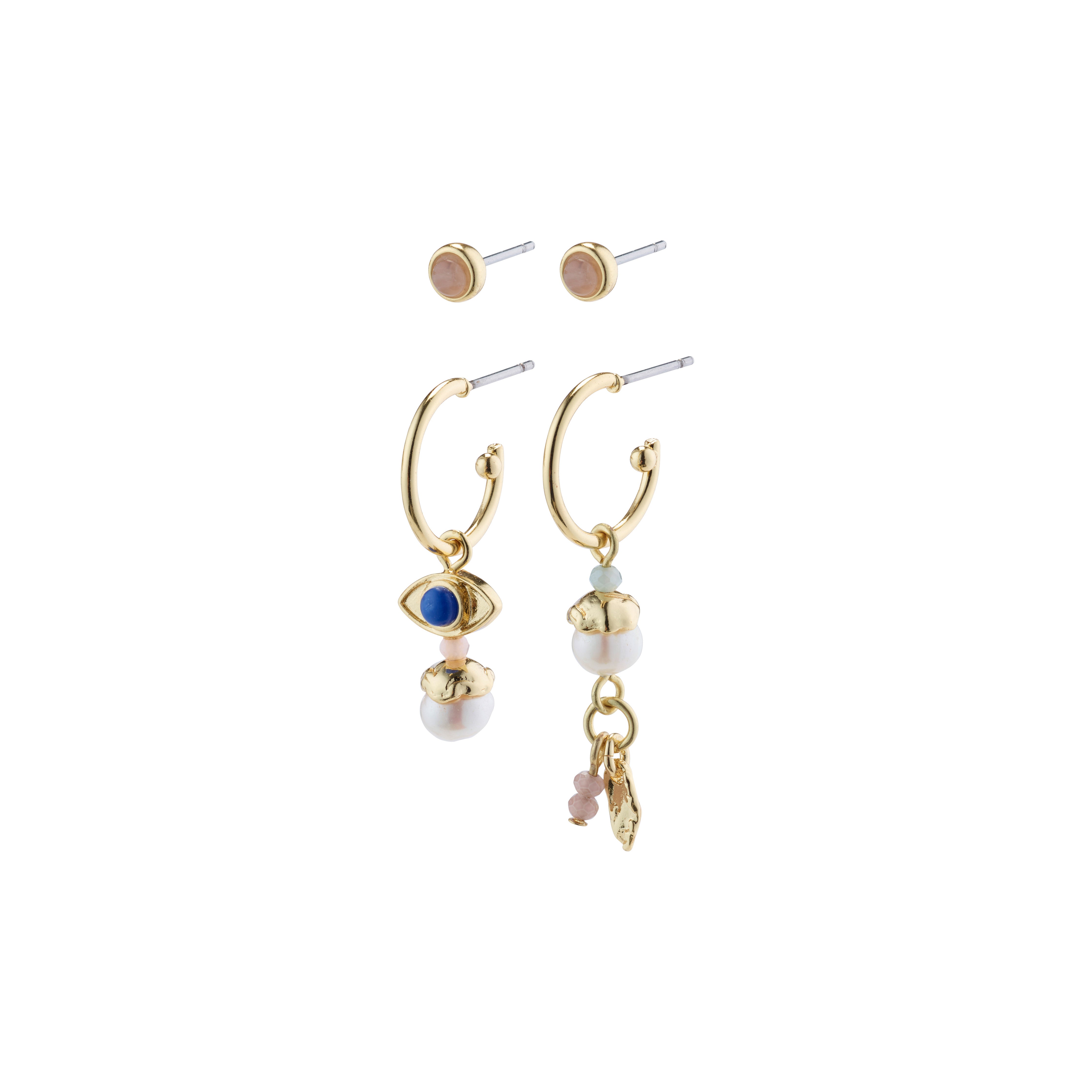 THANKFUL asymmetric 2-in-1 set earrings gold-plated, featuring quirky semi-hoops with symbol pendants, freshwater pearls, and eye motif, embodying playful style and Scandinavian craftsmanship.