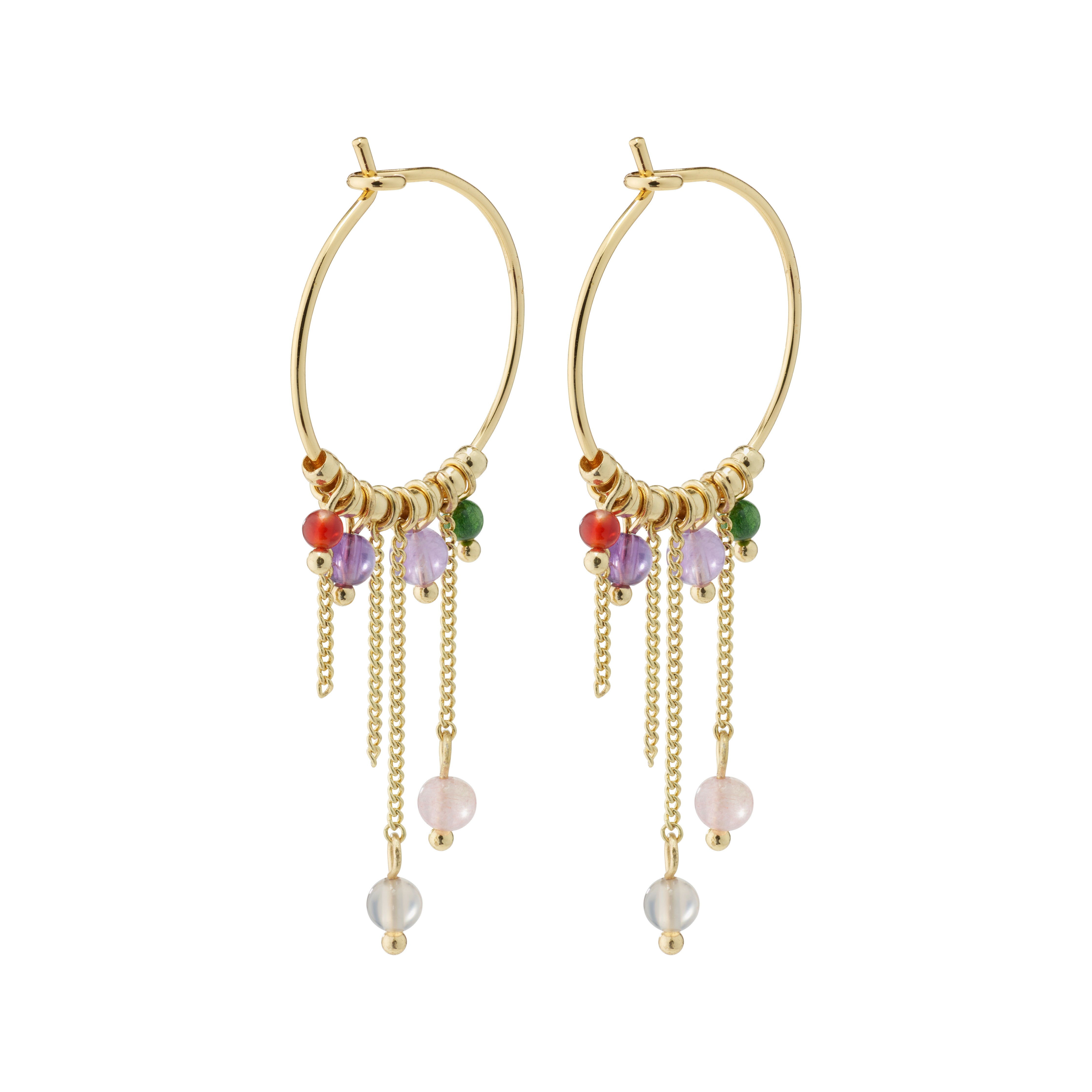 PEACE semi-precious stone hoop earrings, gold-plated, featuring colorful beads and asymmetrical pendants for a luxurious boho look with semi-precious stones.