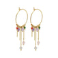 PEACE semi-precious stone hoop earrings, gold-plated, featuring colorful beads and asymmetrical pendants for a luxurious boho look with semi-precious stones.