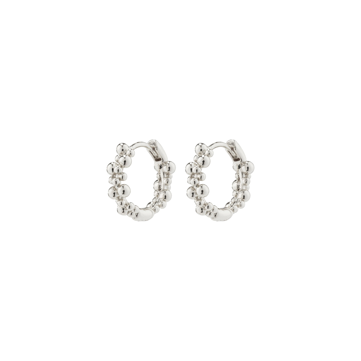SOLIDARITY small bubbles hoops silver-plated, featuring playful spherical designs and a shiny finish, crafted from 99% recycled materials with an easy click-lock closure.