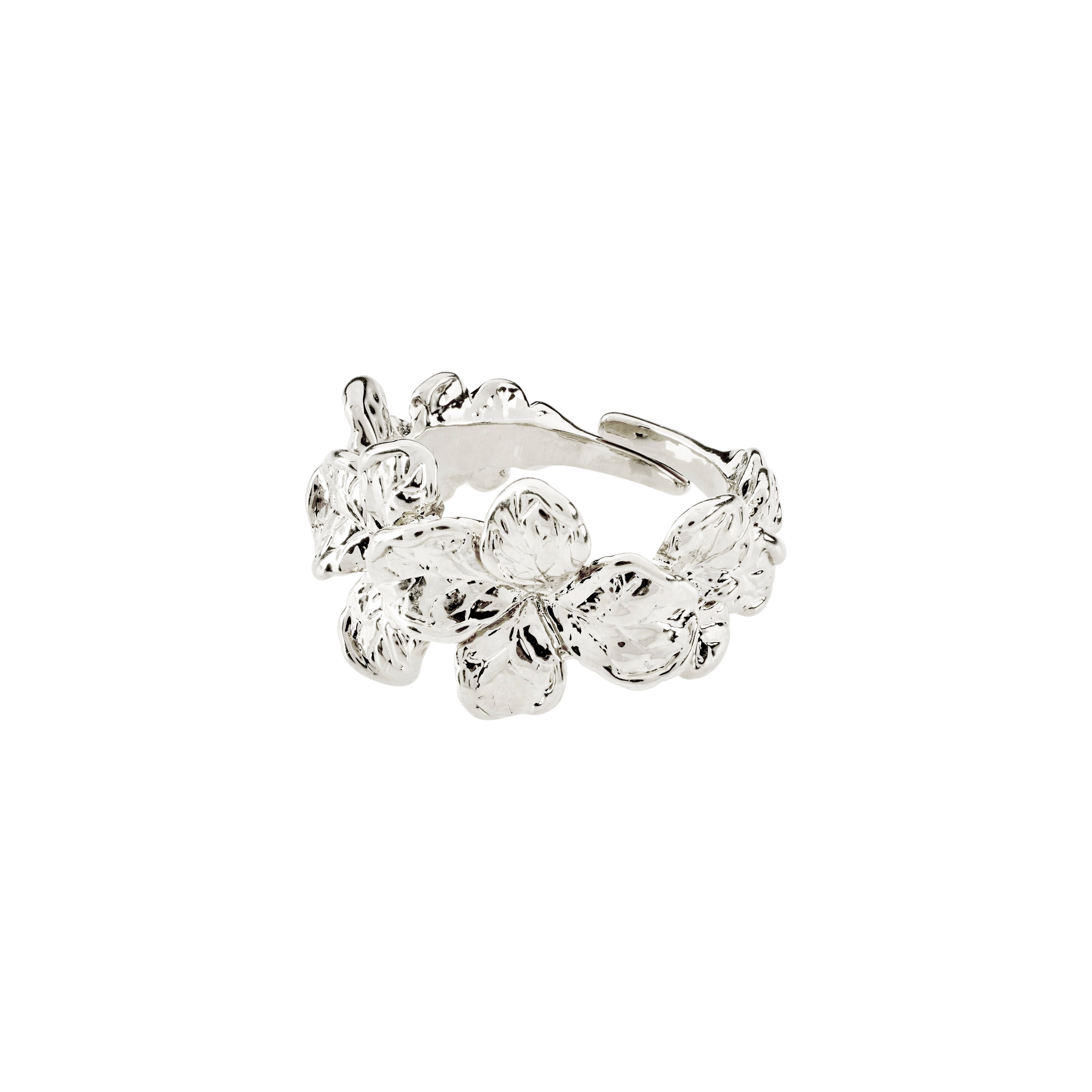 ECHO ring silver-plated, featuring a floral design, embodying Pilgrim's nature-inspired elegance with 99% recycled materials and a shiny finish.