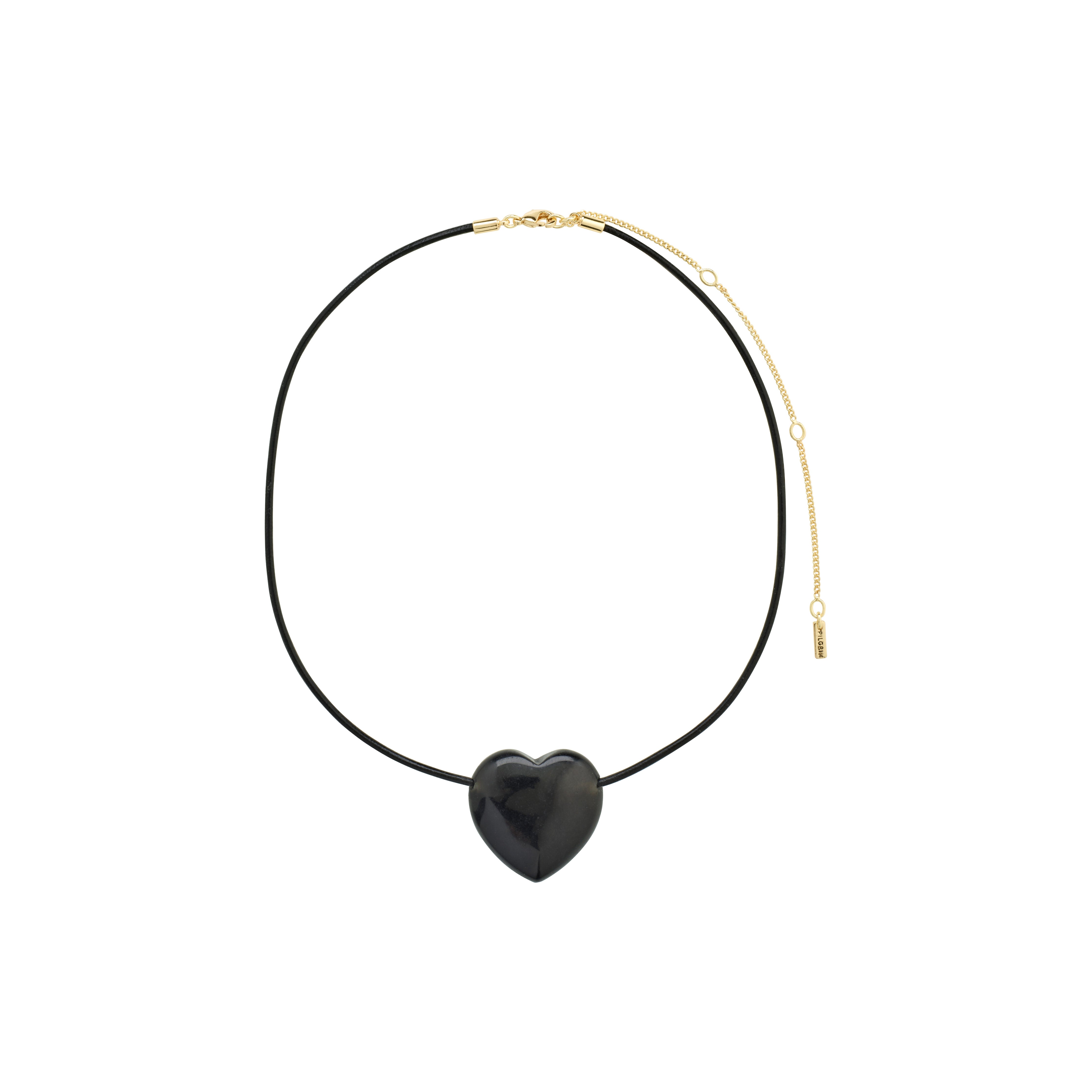 STAY black agate necklace gold-plated with a large heart pendant, black leather cord, and gold extension chain, combining earthy elegance with a bohemian touch.