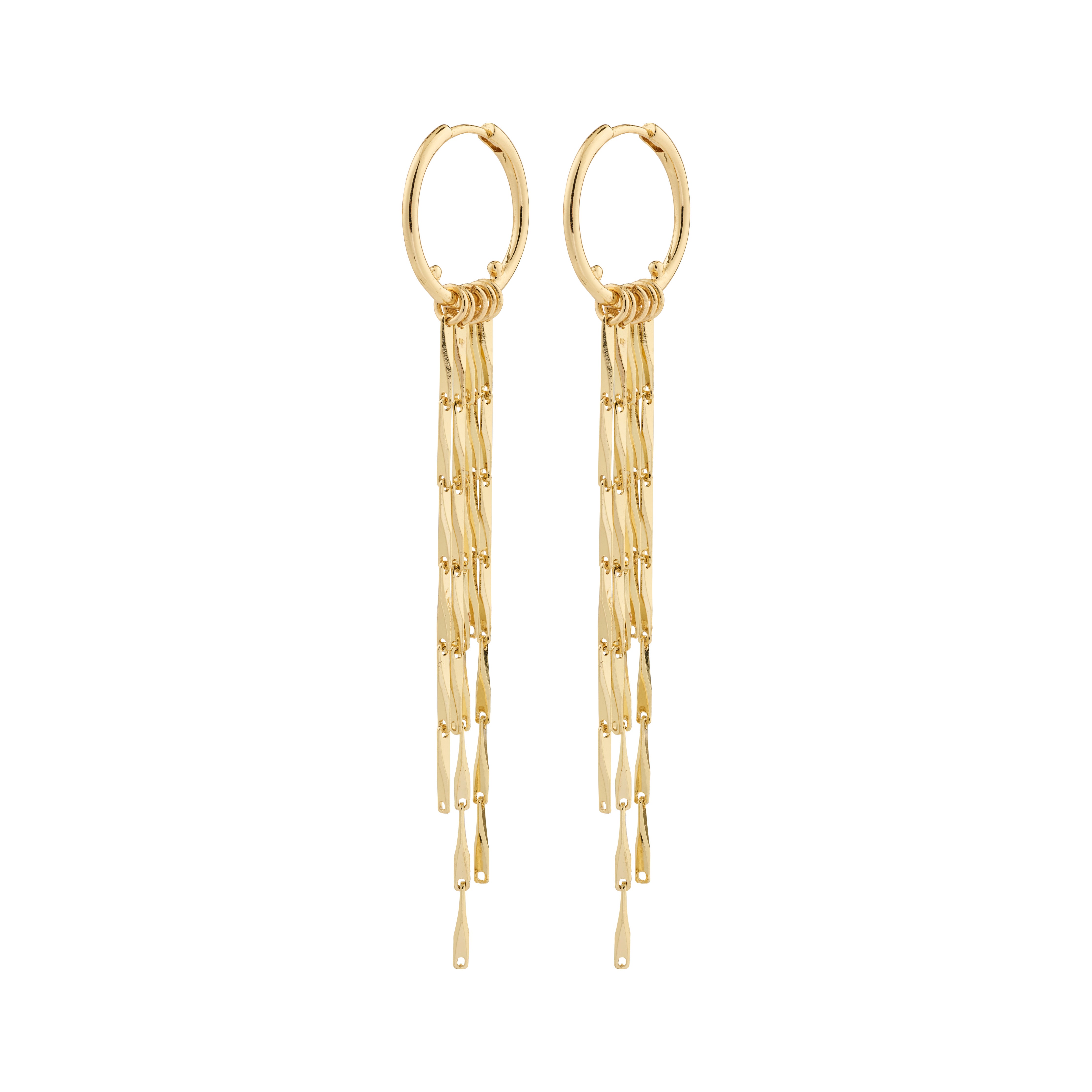 CONNECT earrings gold-plated: Gold-plated hoop earrings with chain pendants and twisted melon seed links, featuring a click clasp for easy wear. Designed for everyday glam.