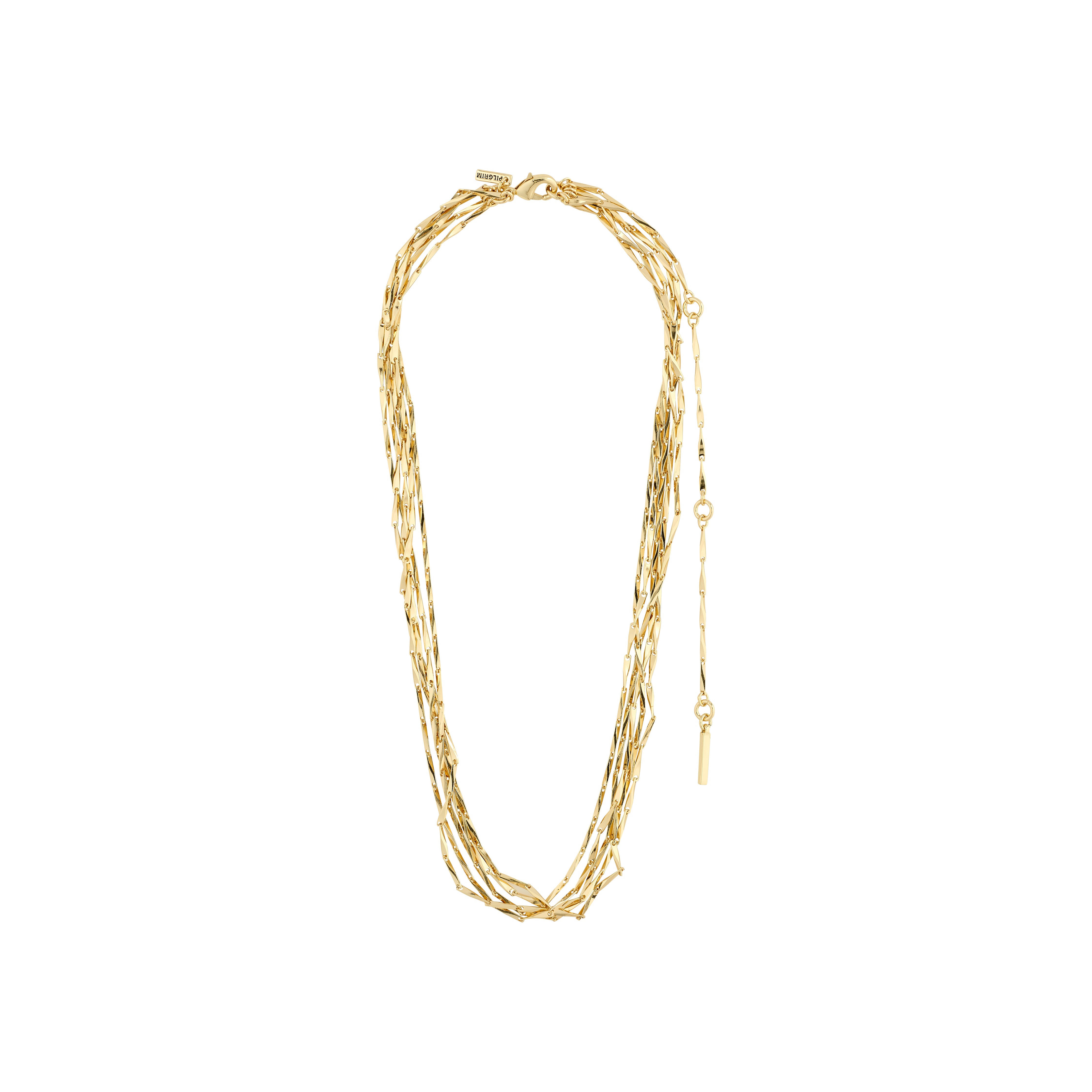 Gold-plated CONNECT necklace featuring five layered chains with twisted melon seed links, reflecting light for a sparkling effect. Made from recycled material, 38 cm + 12 cm extension.