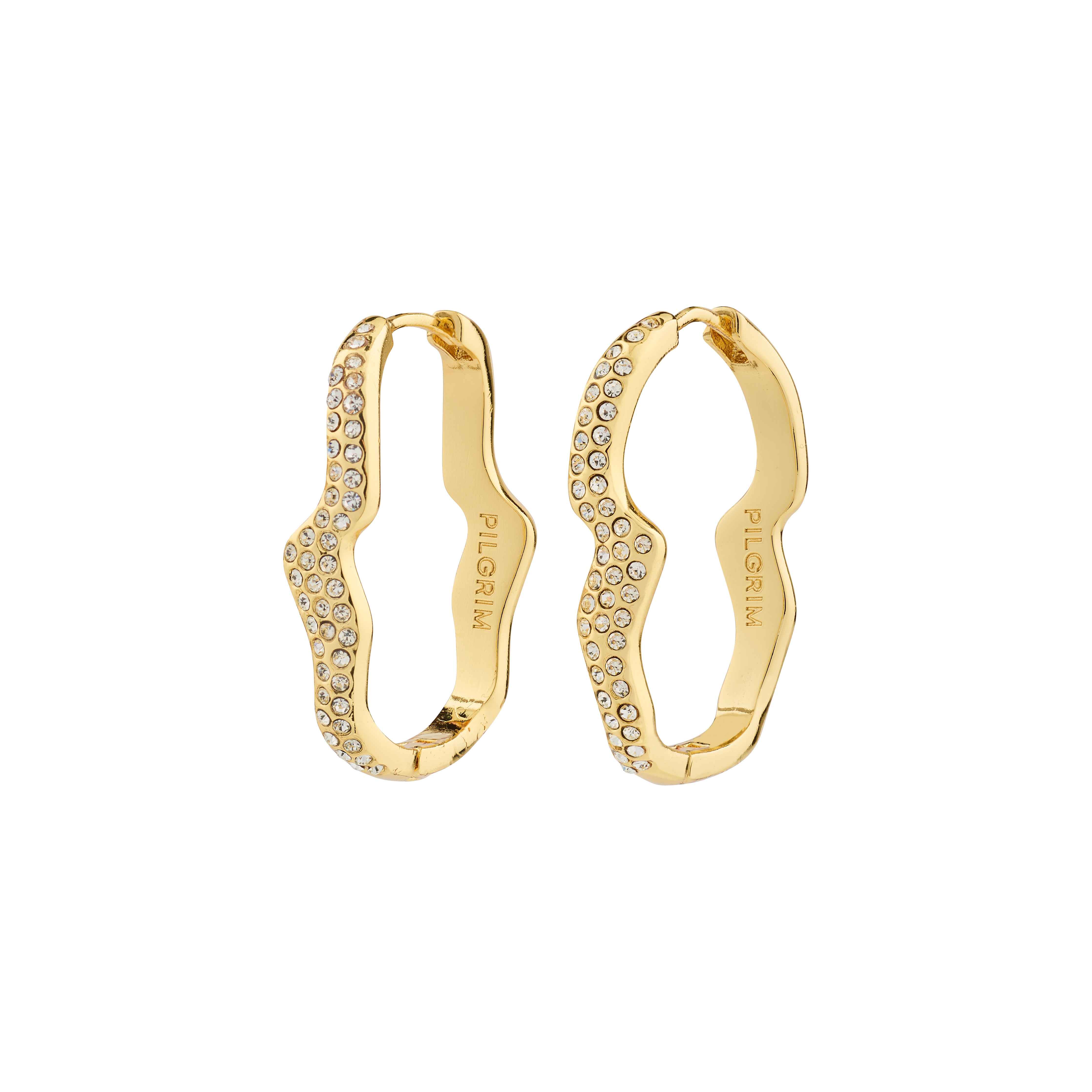 CONNECT crystal gold-plated earrings by Pilgrim, featuring wavy oval hoops with Preciosa crystals, showcasing a stylish design with a practical click clasp.