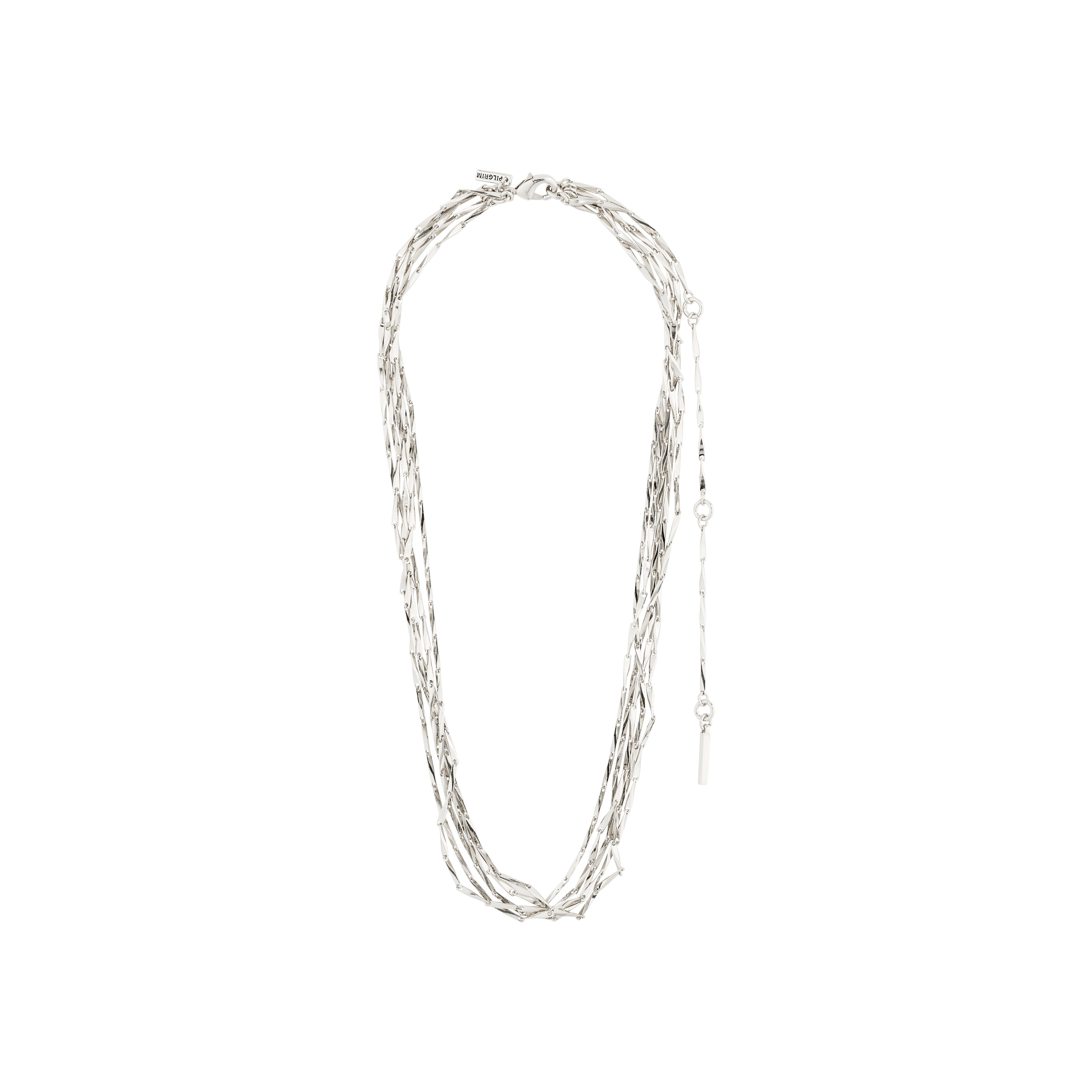 Silver-plated CONNECT necklace by Pilgrim, featuring five layered chains with twisted melon seed links for a textured, sparkling effect.