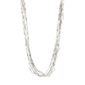 CONNECT necklace silver-plated featuring five uniquely textured chains for a layered effect, crafted from recycled materials, showcased on a plain backdrop.