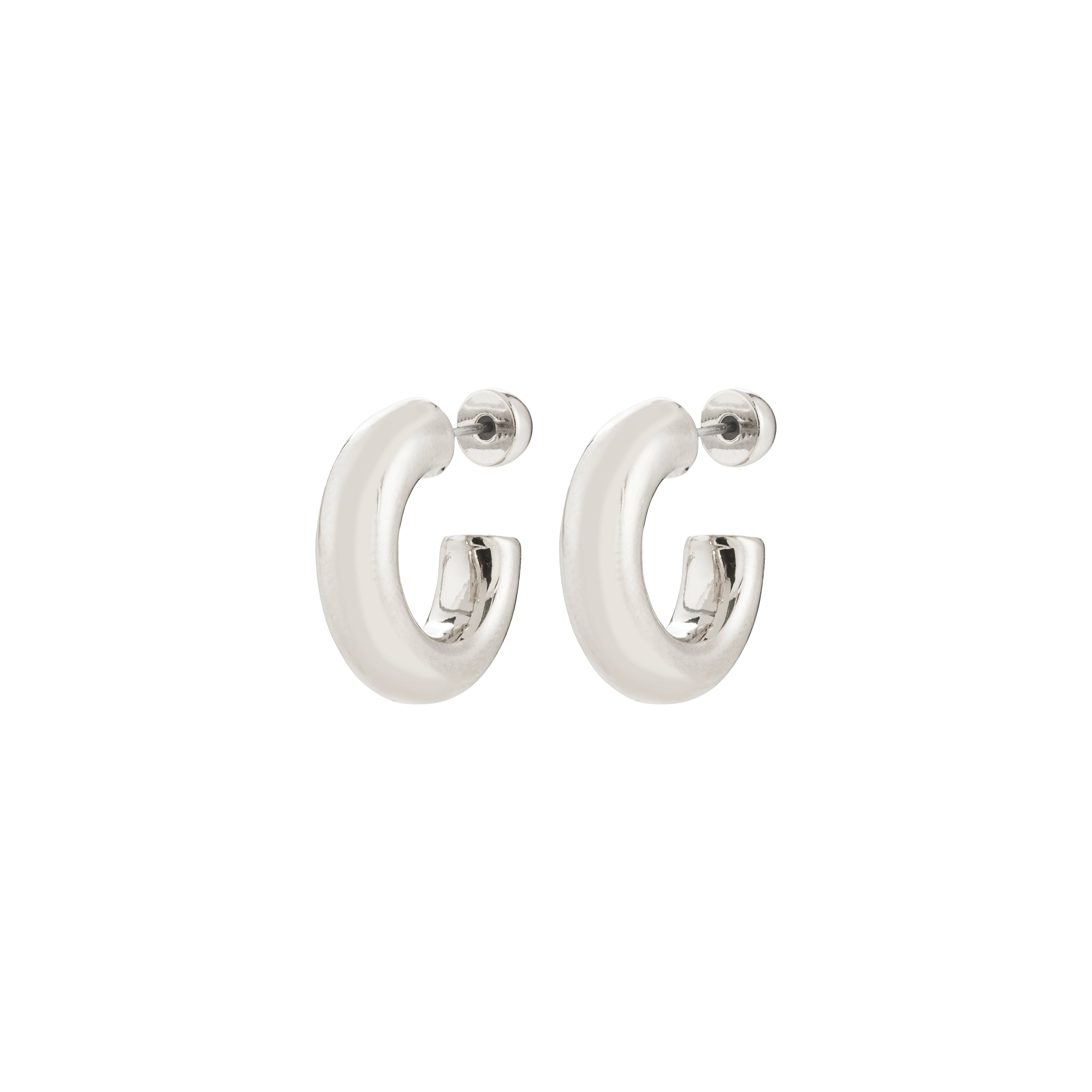 PHASE small hoops silver-plated; chunky crescent-shaped earrings with straight posts and push-back fittings, embodying quiet luxury crafted from 99% recycled materials by Pilgrim.