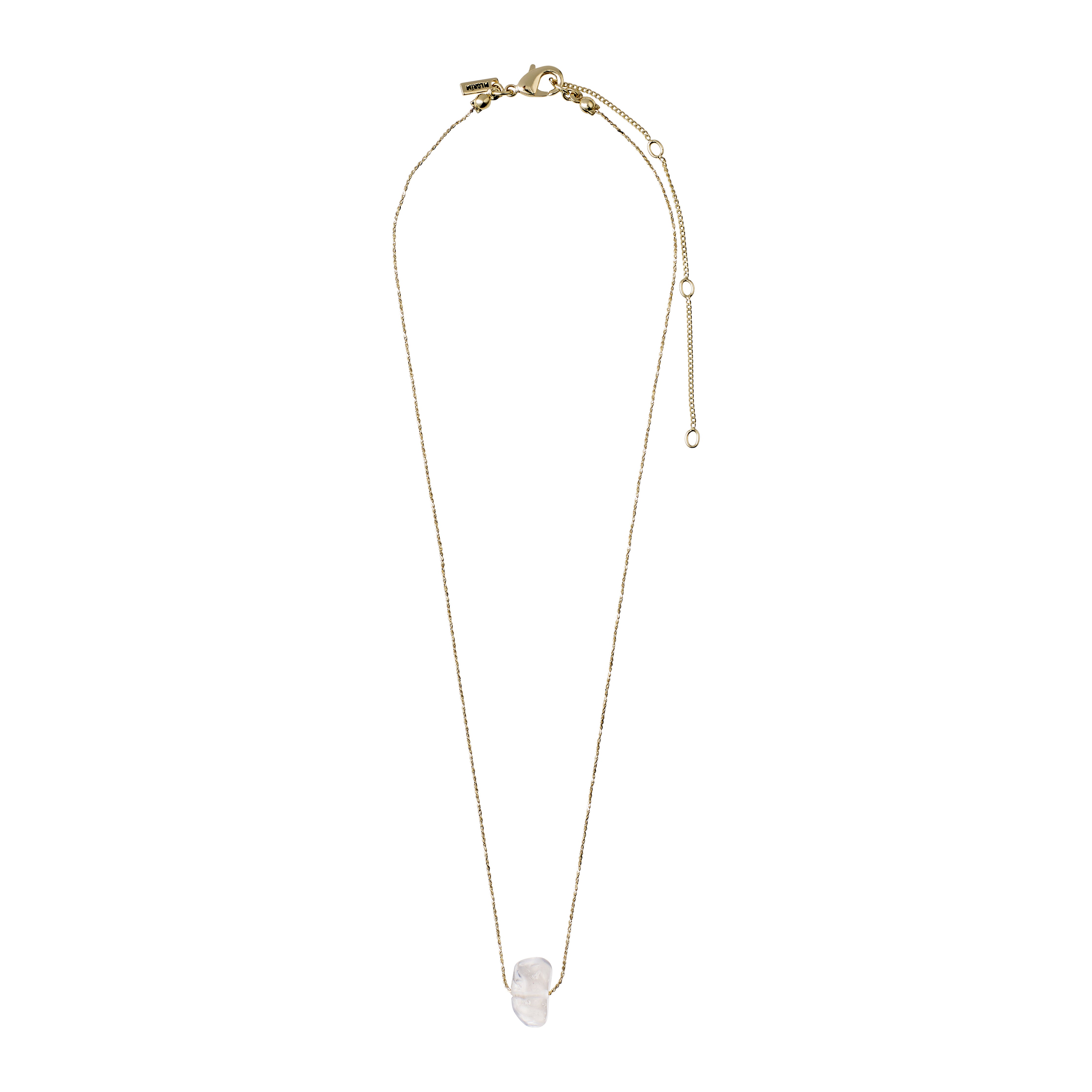 CHAKRA Quartz Crystal necklace gold-plated with a raw clear quartz pendant on a 40 cm gold chain, showcasing minimalist Scandinavian craftsmanship.