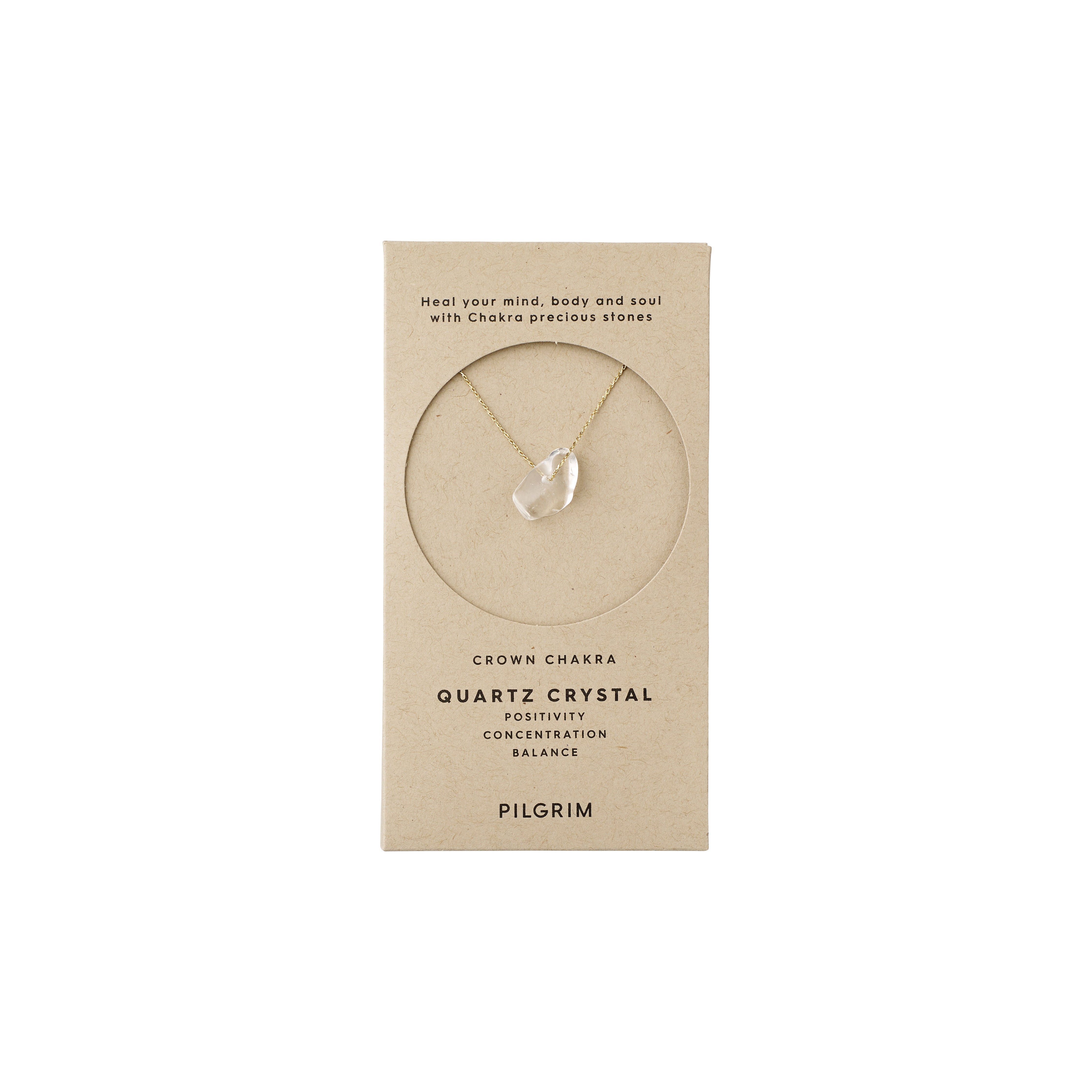 CHAKRA Quartz Crystal necklace in a box, featuring a clear quartz pendant on a 40 cm gold-plated chain with a 9 cm extension.