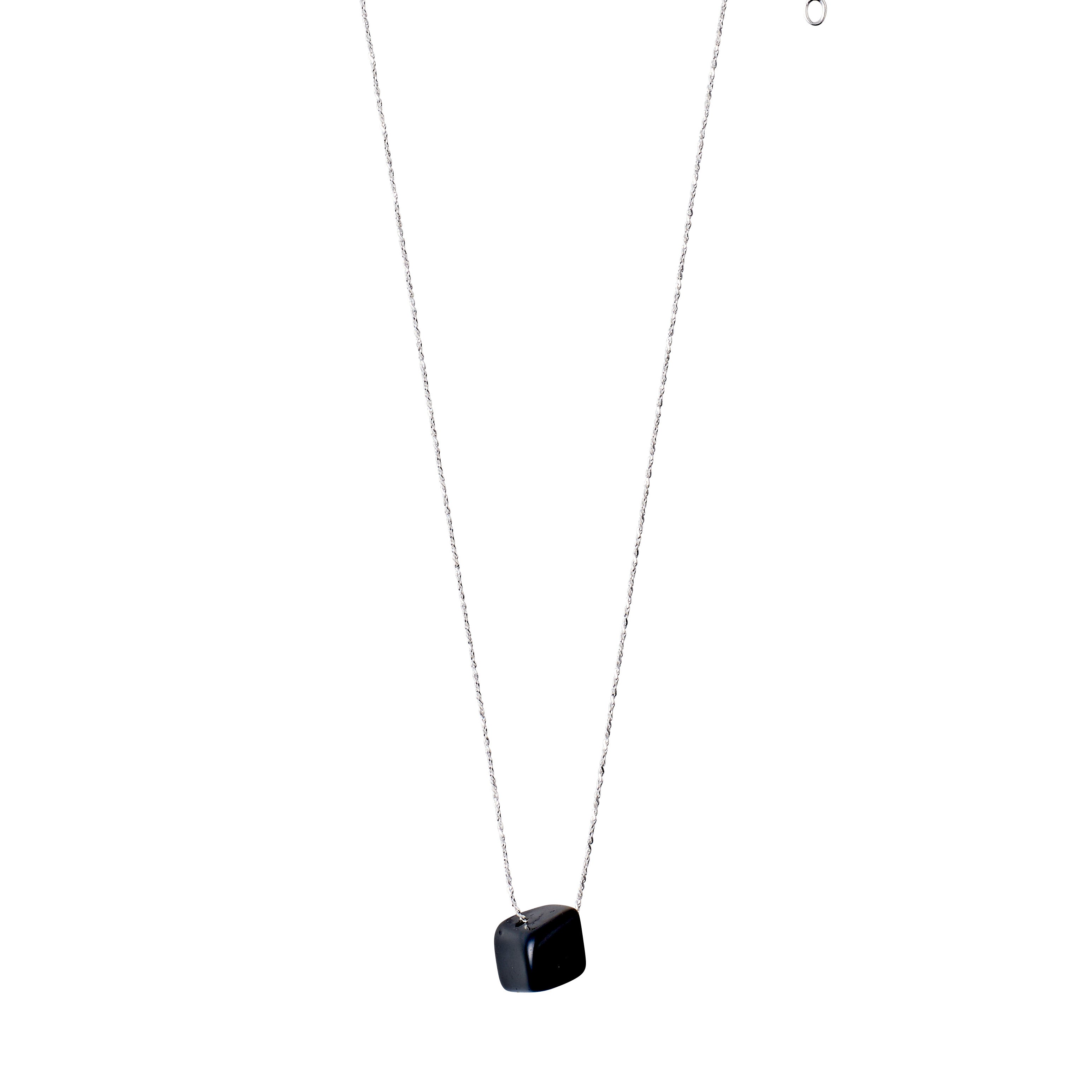 CHAKRA Black Agate necklace, featuring a black cube-shaped agate pendant on a silver-plated chain, designed for grounding and stability.