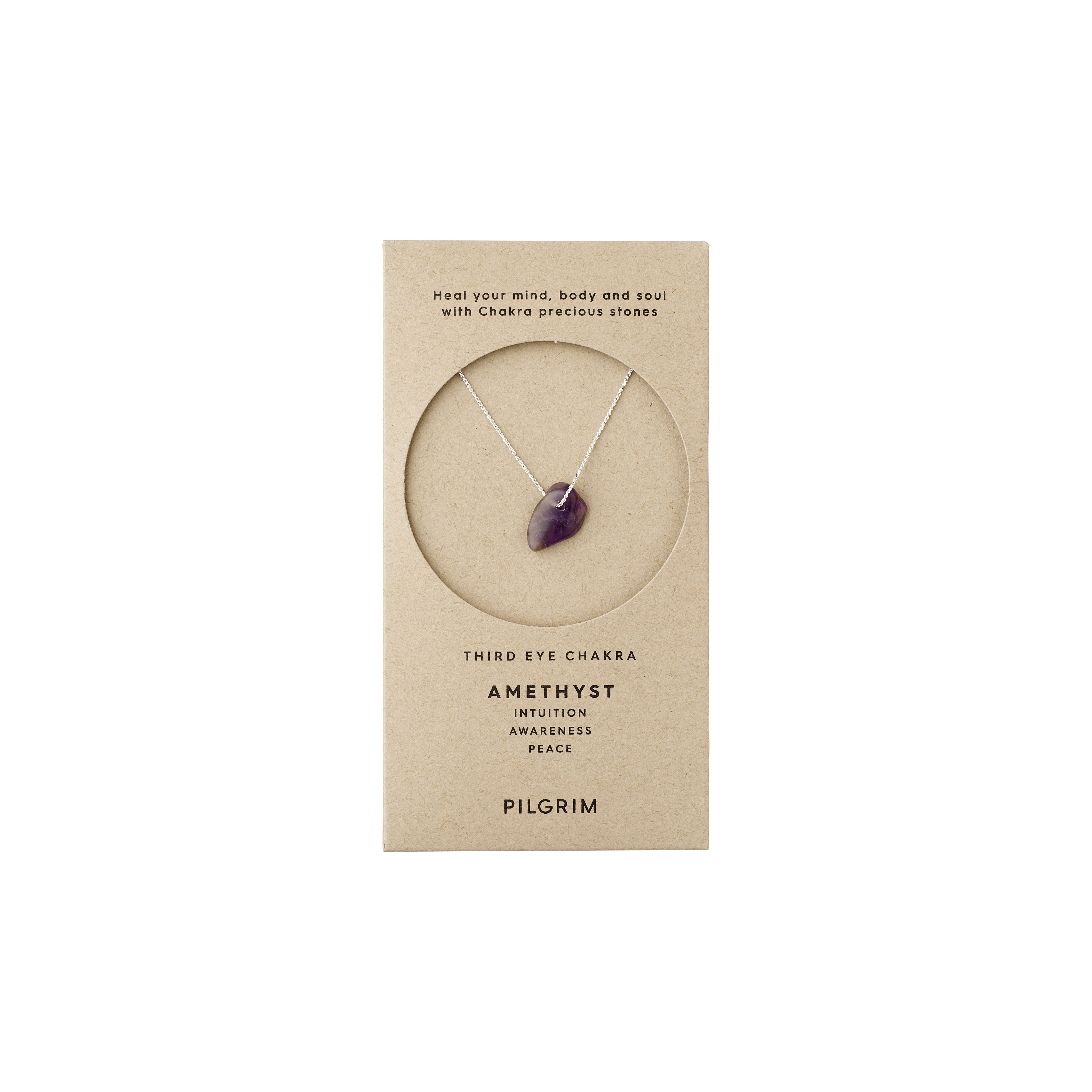CHAKRA Amethyst necklace silver-plated, featuring a purple amethyst pendant on a 40 cm silver chain with a 9 cm extension, presented in a box.