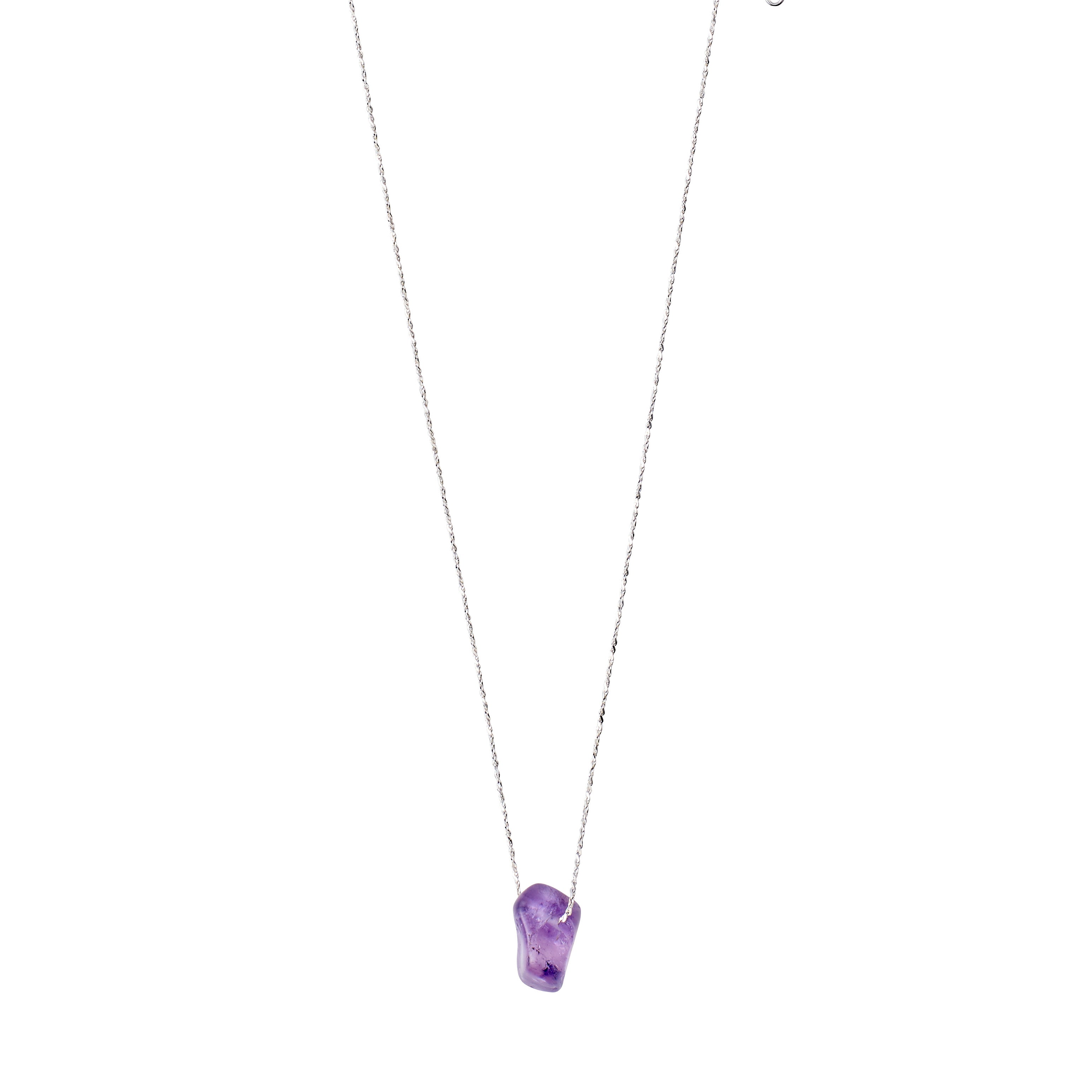 CHAKRA Amethyst necklace silver-plated with a purple amethyst pendant on a 40 cm silver chain, featuring a 9 cm extension for adjustable length.