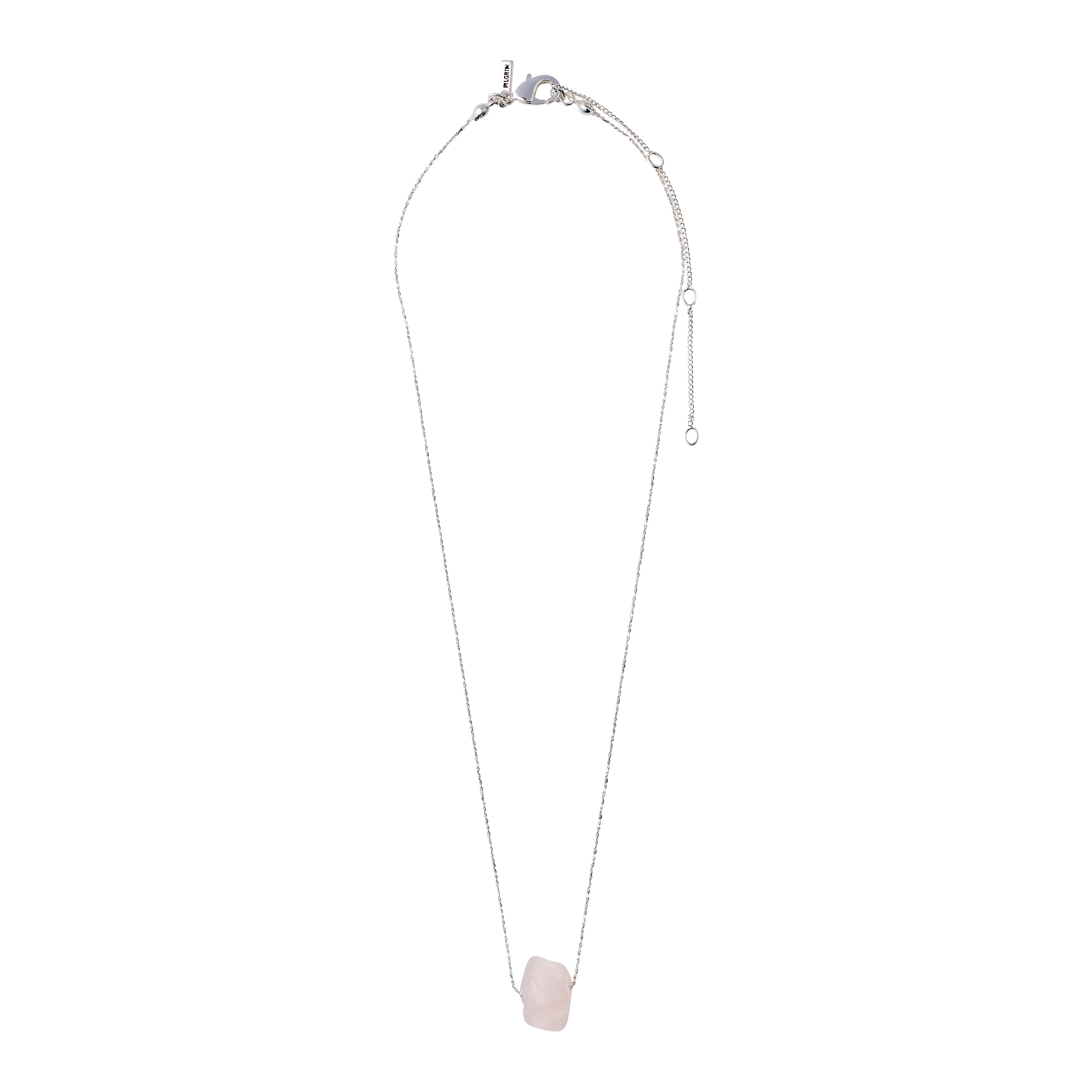 CHAKRA Rose Quartz necklace silver-plated featuring a pink rose quartz pendant on a silver chain, designed to promote love and happiness.
