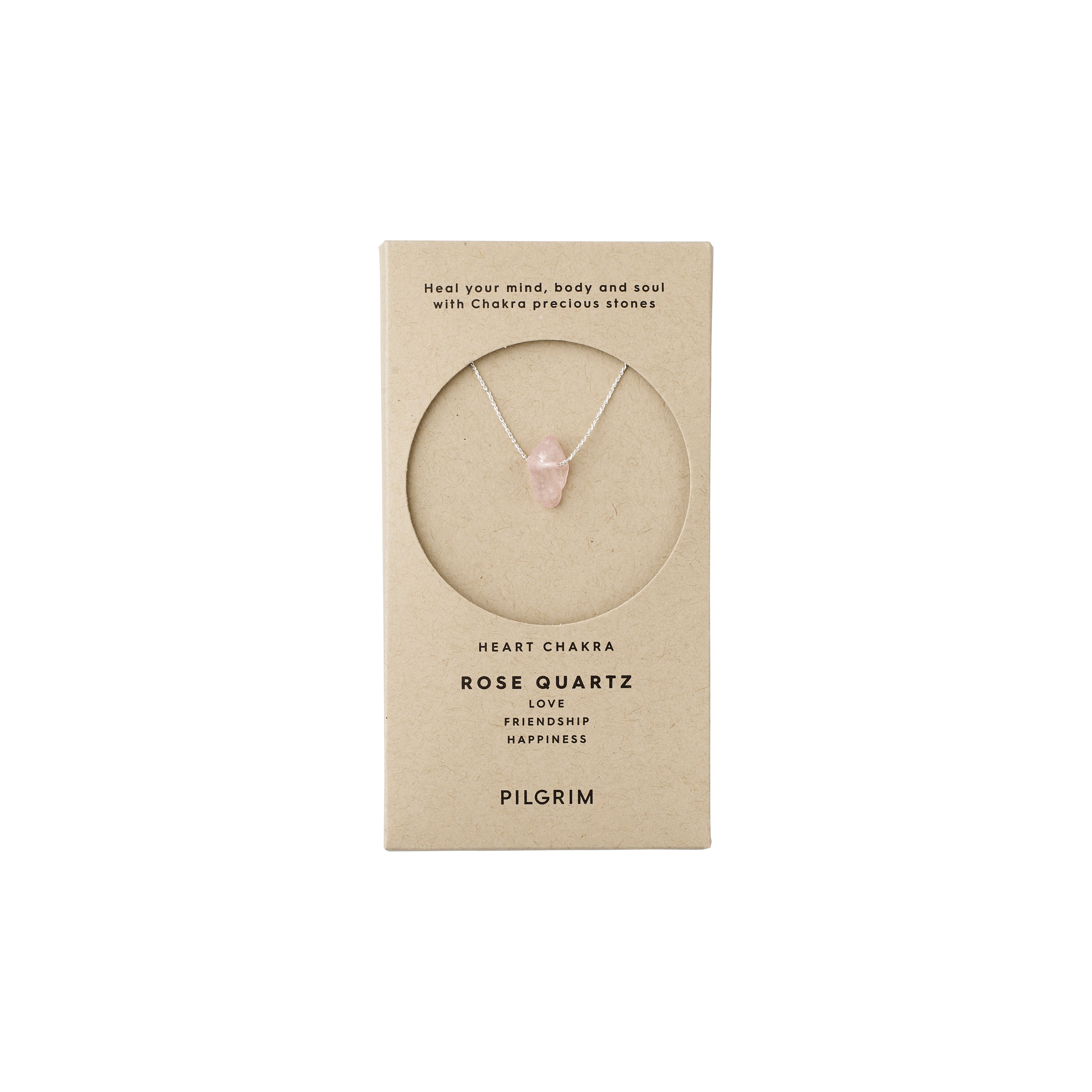 CHAKRA Rose Quartz necklace silver-plated in a gift box, featuring a heart chakra-boosting pink stone pendant on a 40 cm adjustable chain.