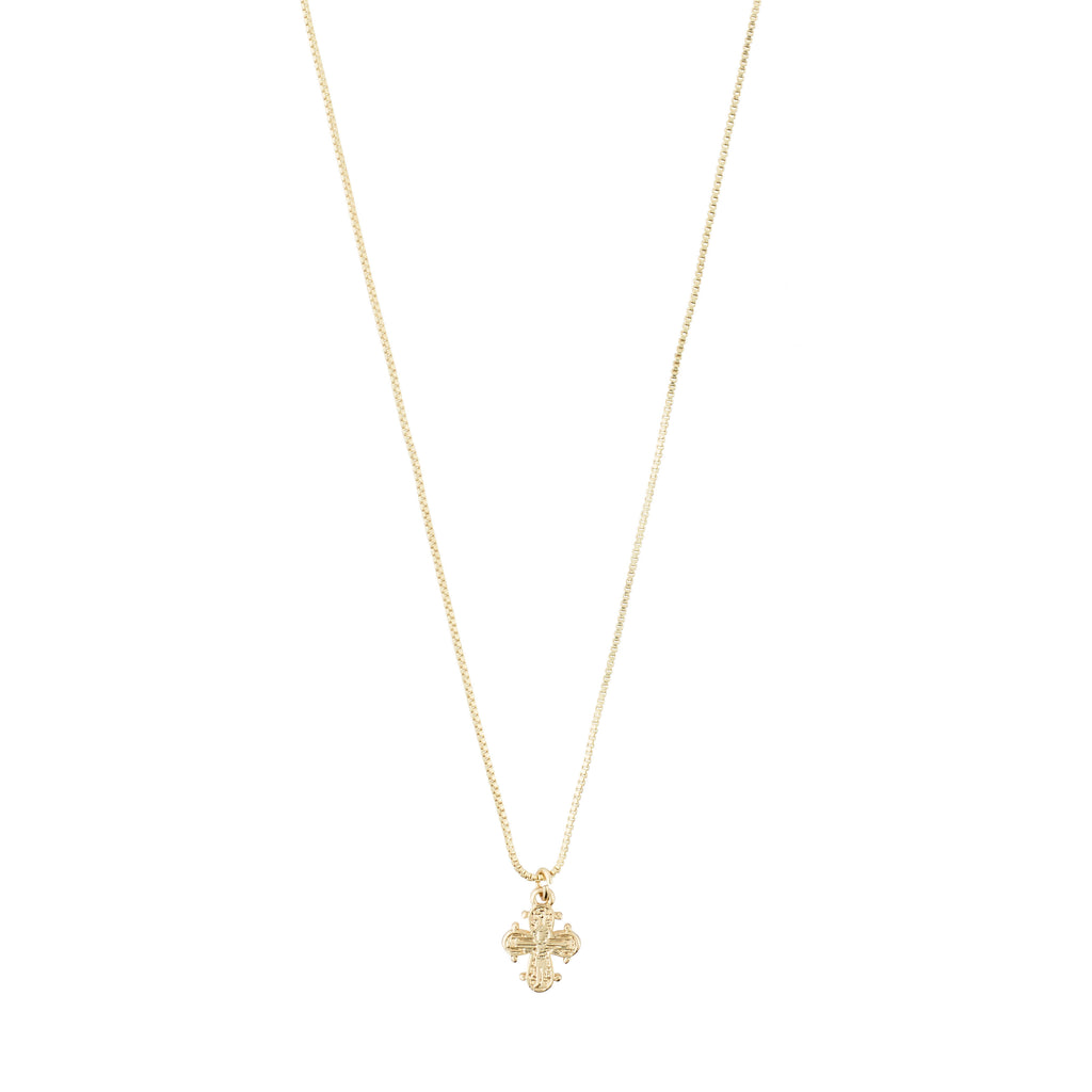 DAGMAR mini pendant necklace, gold-plated, featuring a delicate Dagmar Cross on a fine box chain, crafted from 99% recycled materials.