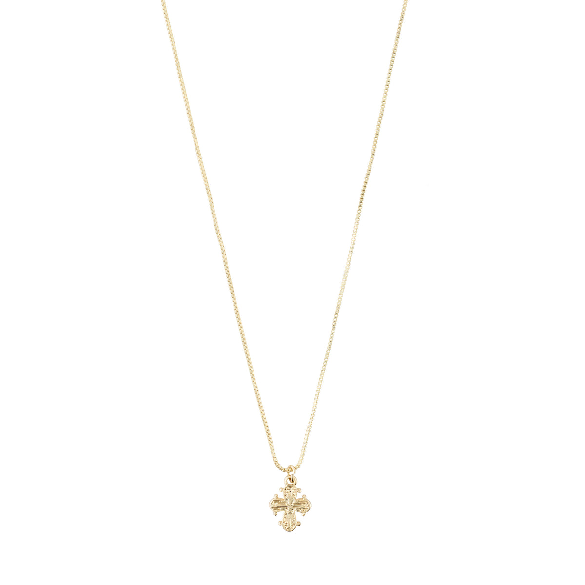 DAGMAR mini pendant necklace, gold-plated, featuring a delicate Dagmar Cross on a fine box chain, crafted from 99% recycled materials.