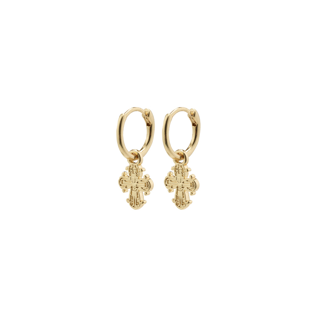 DAGMAR huggie hoop earrings, gold-plated, featuring mini Dagmar Crosses, crafted from 99% recycled material for a modern, elegant style.