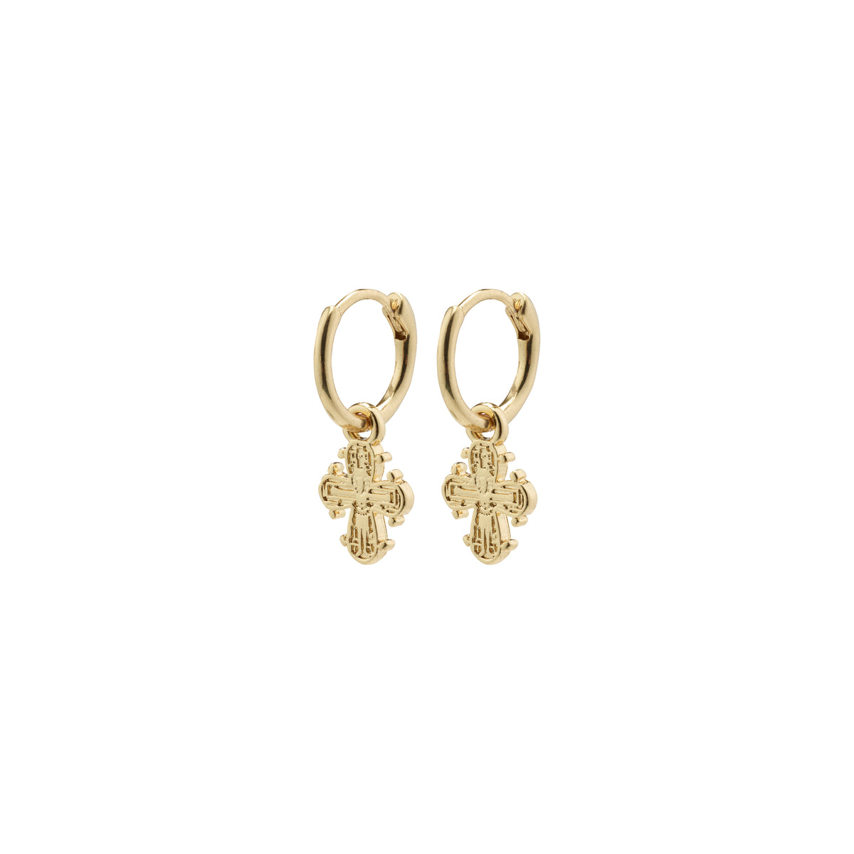 DAGMAR huggie hoop earrings, gold-plated, featuring mini Dagmar Crosses, crafted from 99% recycled material for a modern, elegant style.