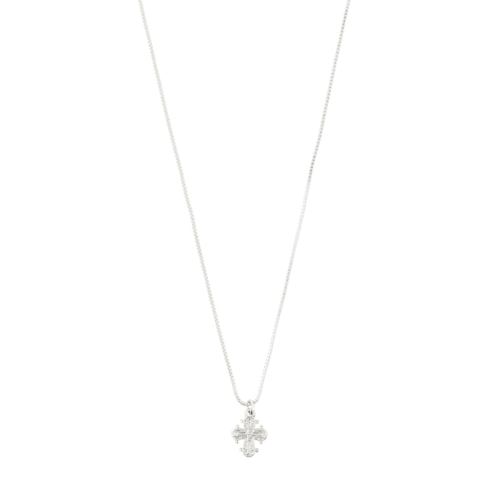 DAGMAR mini pendant necklace, silver-plated, featuring a reimagined Dagmar Cross on a fine box chain, inspired by Danish heritage.