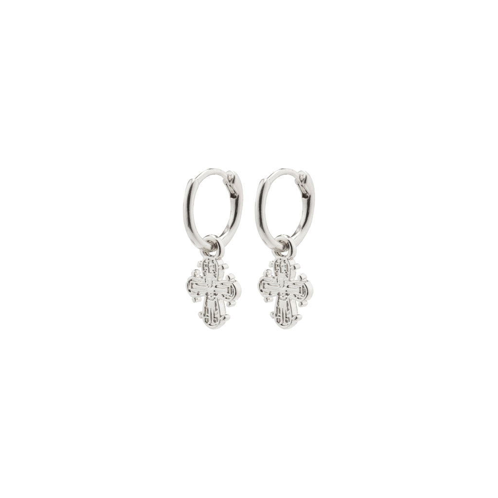DAGMAR huggie hoop earrings, silver-plated, featuring mini Dagmar Crosses, crafted from 99% recycled material, offering a modern twist on a Danish classic.