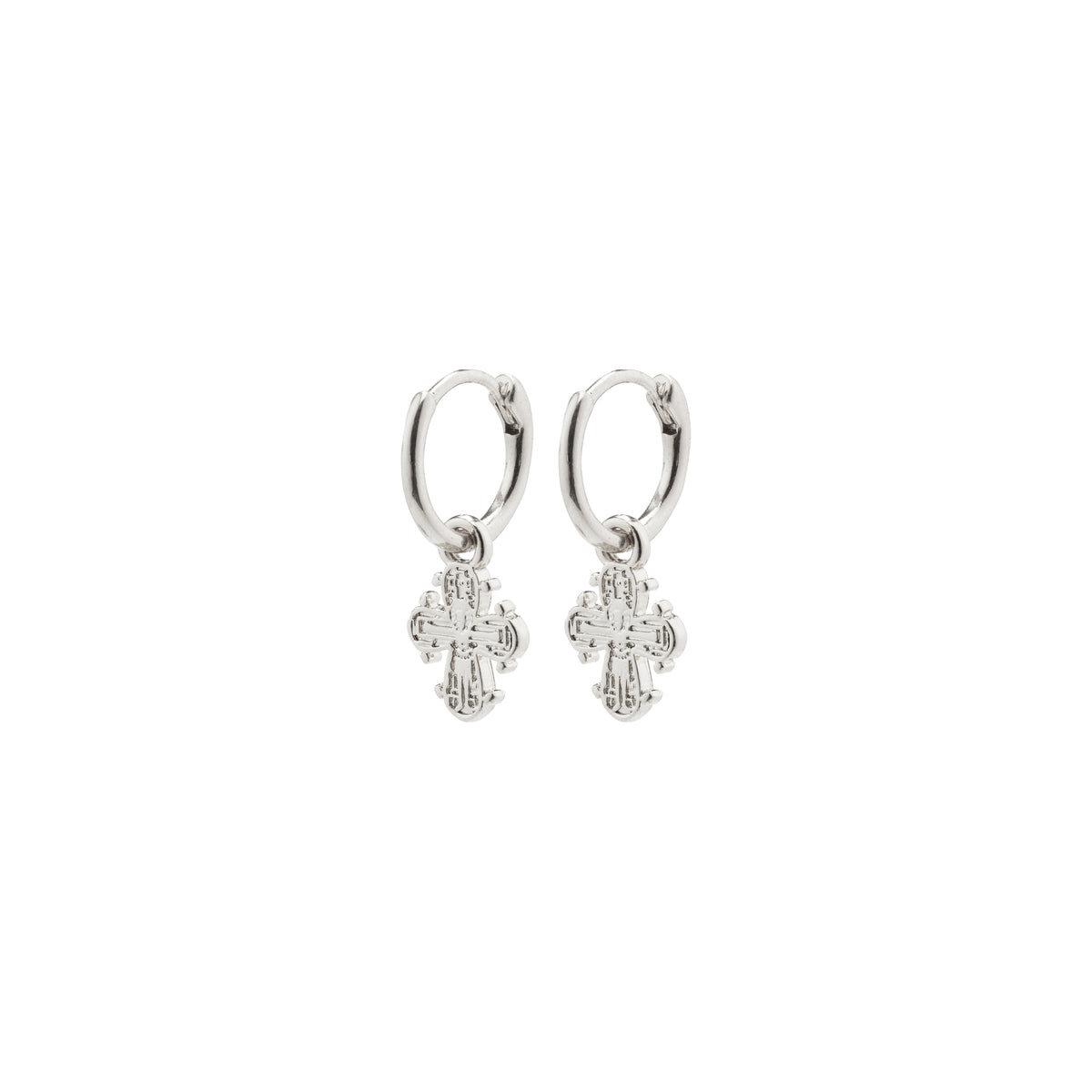 DAGMAR huggie hoop earrings, silver-plated, featuring mini Dagmar Crosses, crafted from 99% recycled material, offering a modern twist on a Danish classic.
